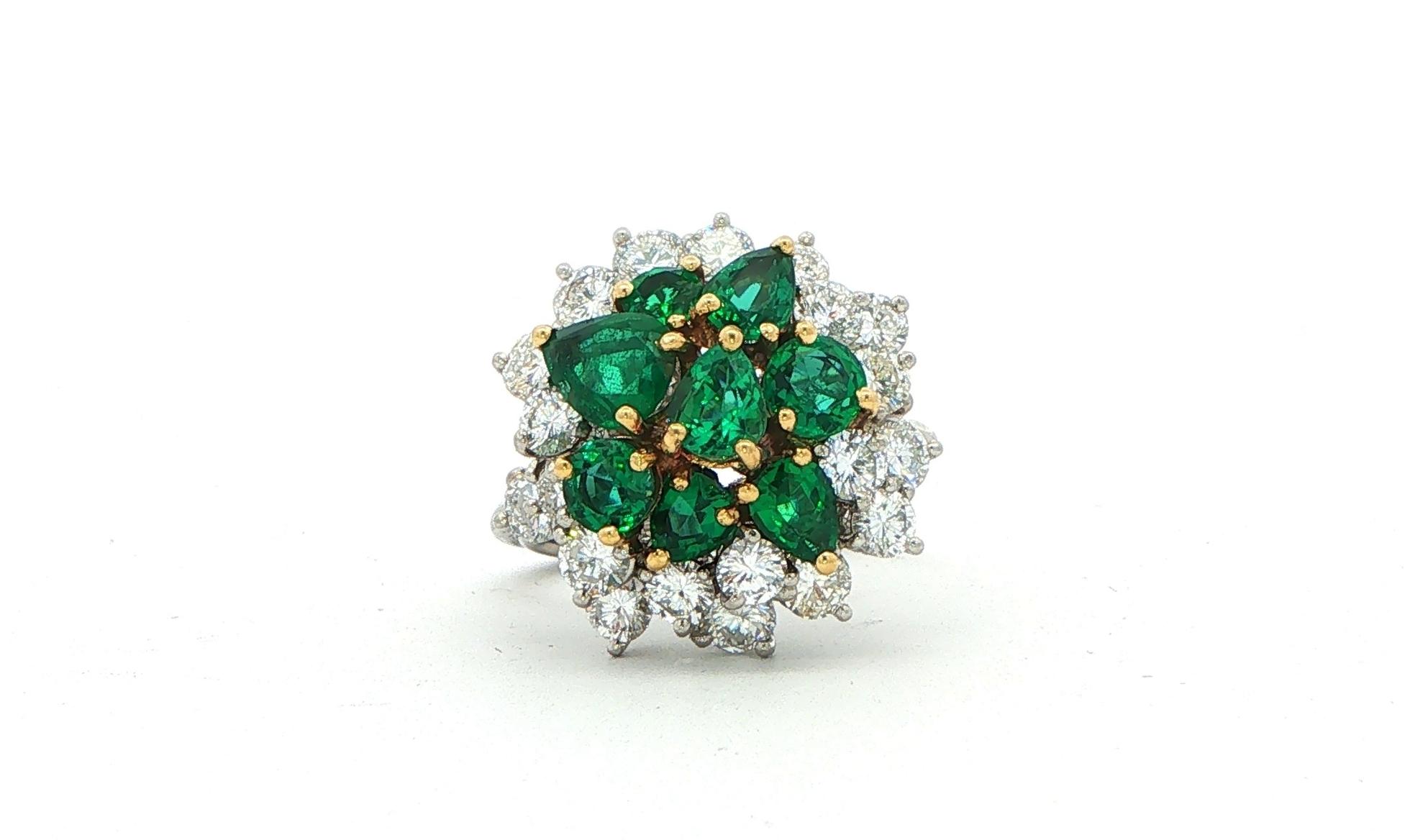 Estate Piece: Pear-Cut Emerald and Diamond Cluster Cocktail Ring in Two-tone Platinum and Yellow Gold (4.00cts TWT)