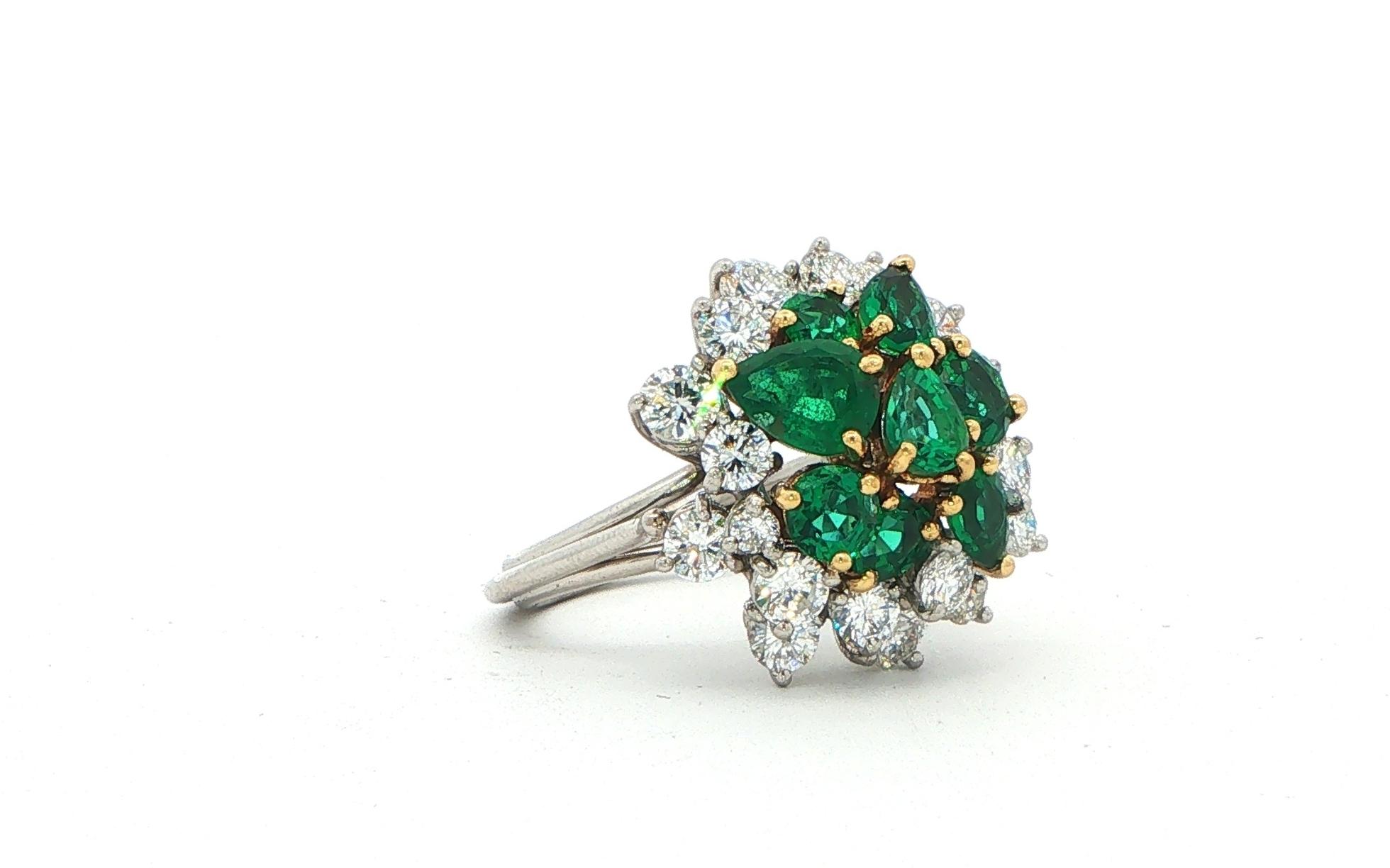 Estate Piece: Pear-Cut Emerald and Diamond Cluster Cocktail Ring in Two-tone Platinum and Yellow Gold (4.00cts TWT) angled