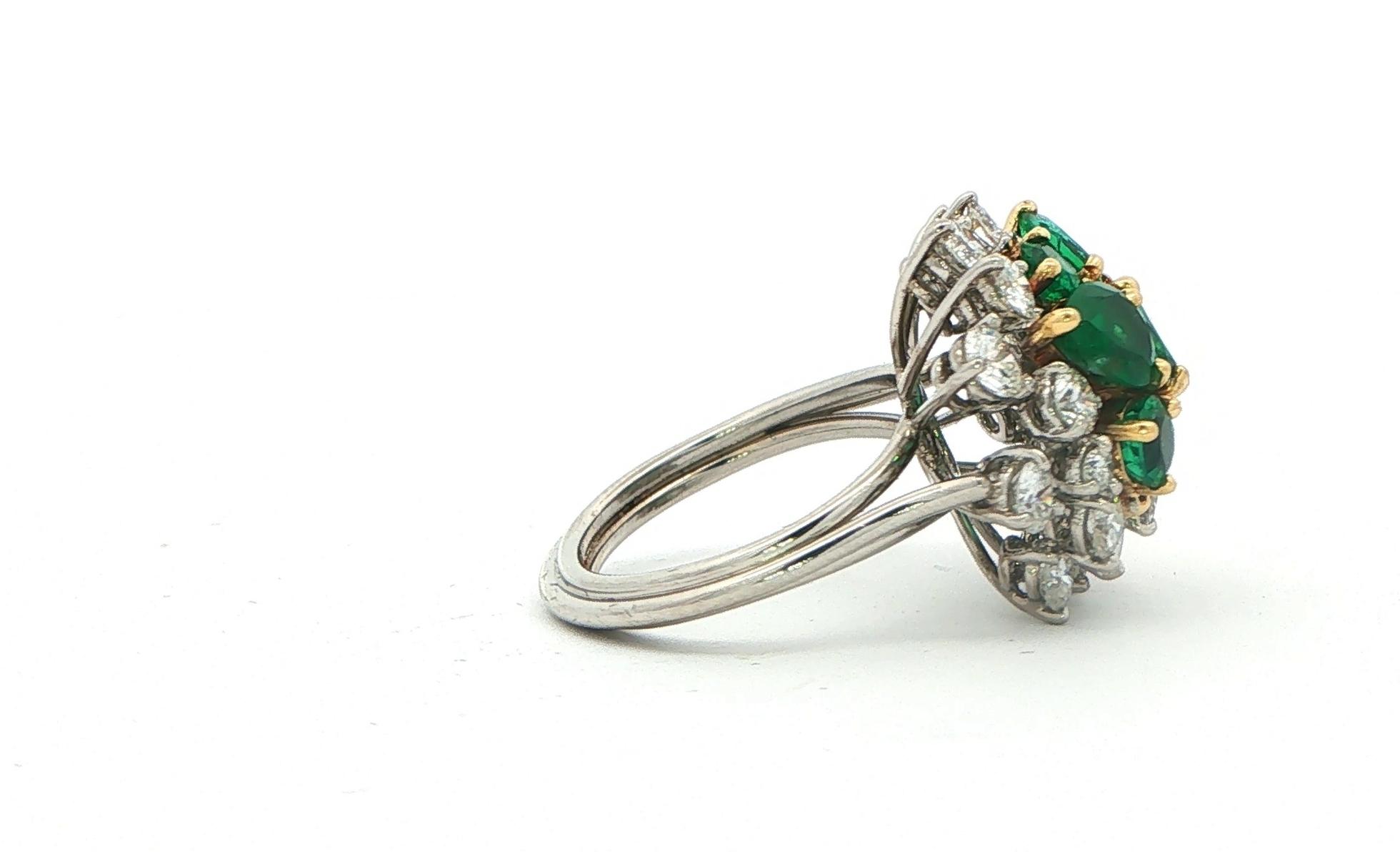 Estate Piece: Pear-Cut Emerald and Diamond Cluster Cocktail Ring in Two-tone Platinum and Yellow Gold (4.00cts TWT) side