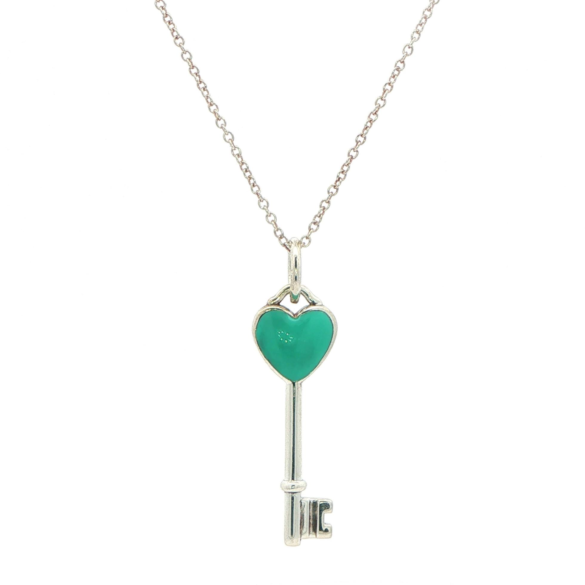 Estate Piece: Tiffany and Co. Enamel Heart Key Charm Necklace in Sterling Silver