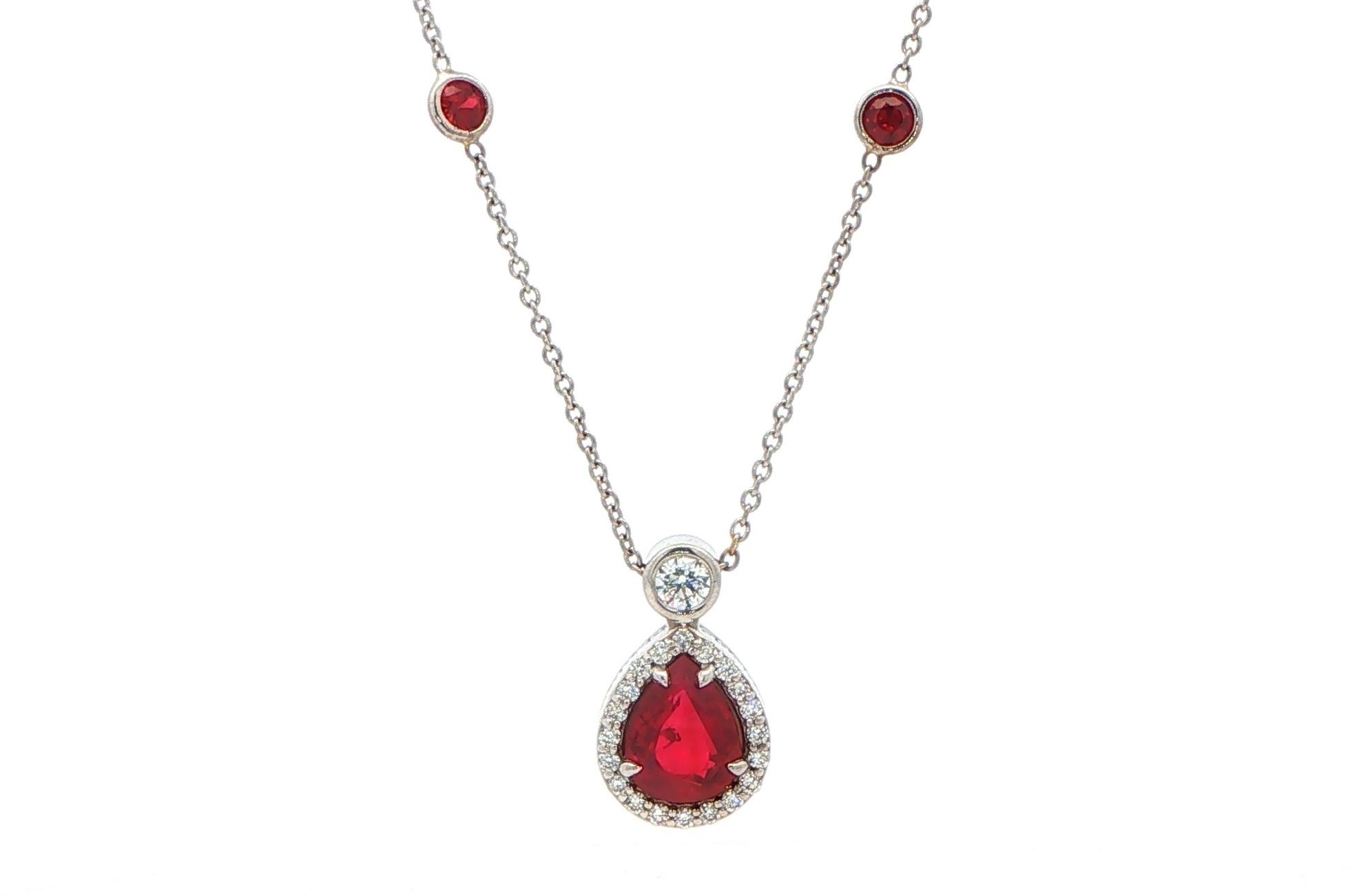 Drop Halo-style Pear-cut Ruby and Diamond Necklace in White Gold (3.10cts TWT)
