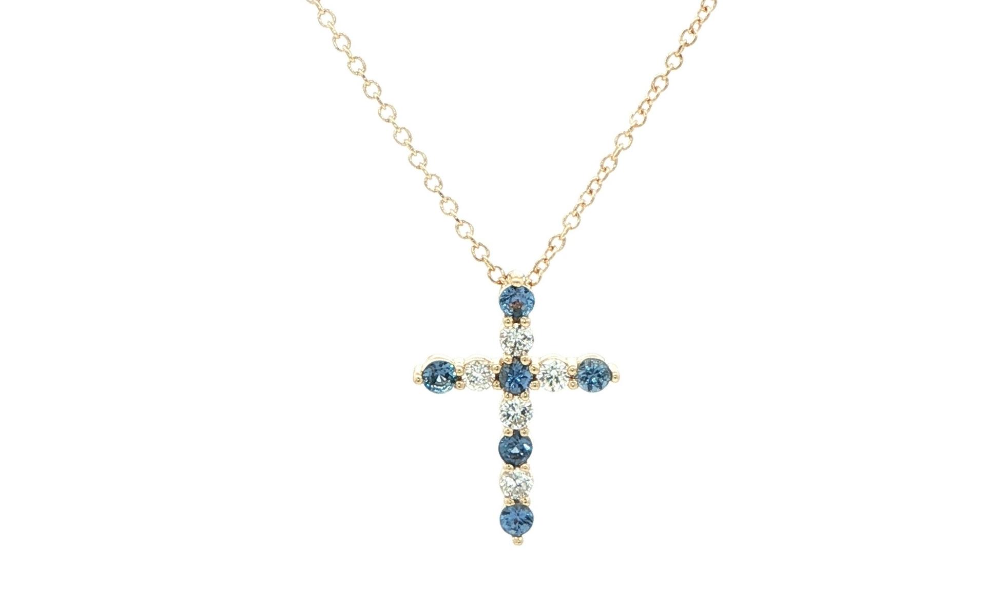 11-Stone Montana Yogo Sapphire and Diamond Cross Necklace in Yellow Gold (0.46cts TWT)