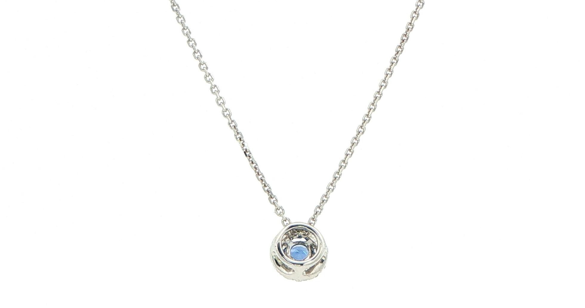 Montana Yogo Sapphire Halo Pendant Necklace in White Gold (0.22cts TWT) back