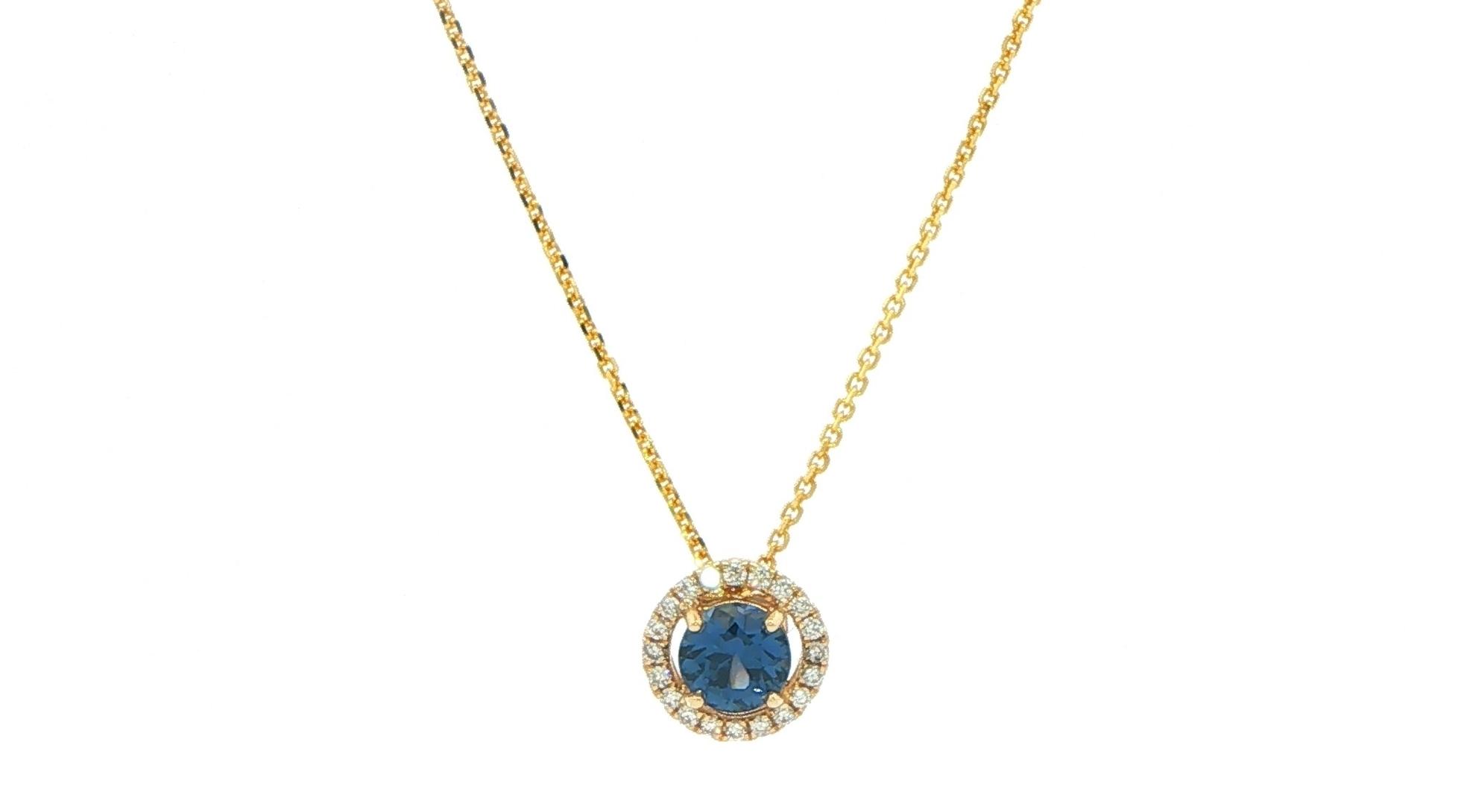 Montana Yogo Sapphire and Diamond Halo Necklace in Yellow Gold (0.46cts TWT)