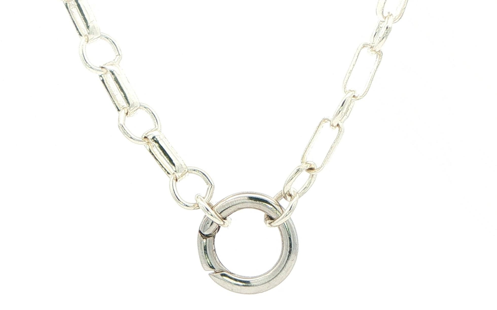 Alternating Link Chain Necklace with Circular Charm Clasp in Sterling Silver