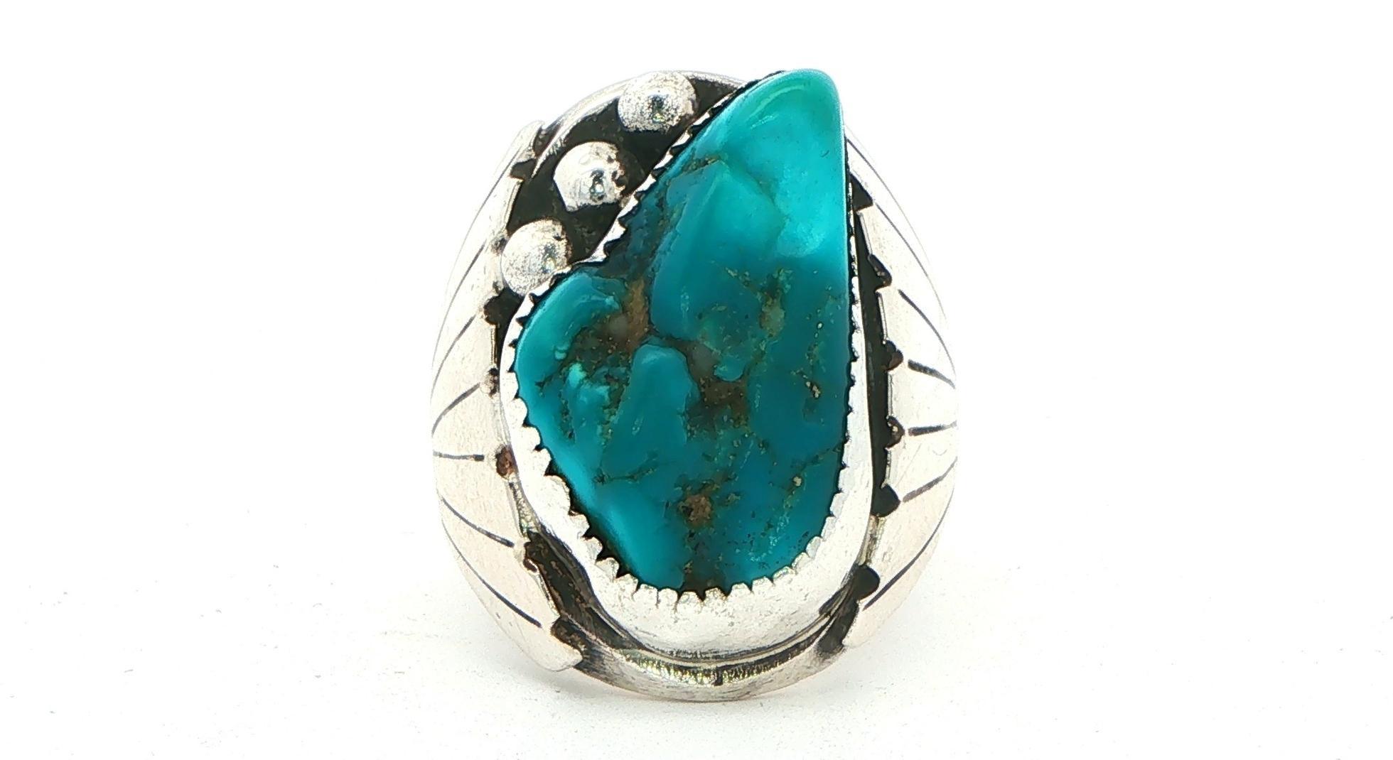 Estate Piece: Turquoise Cocktail Ring with Bead and Fan Details in Sterling Silver