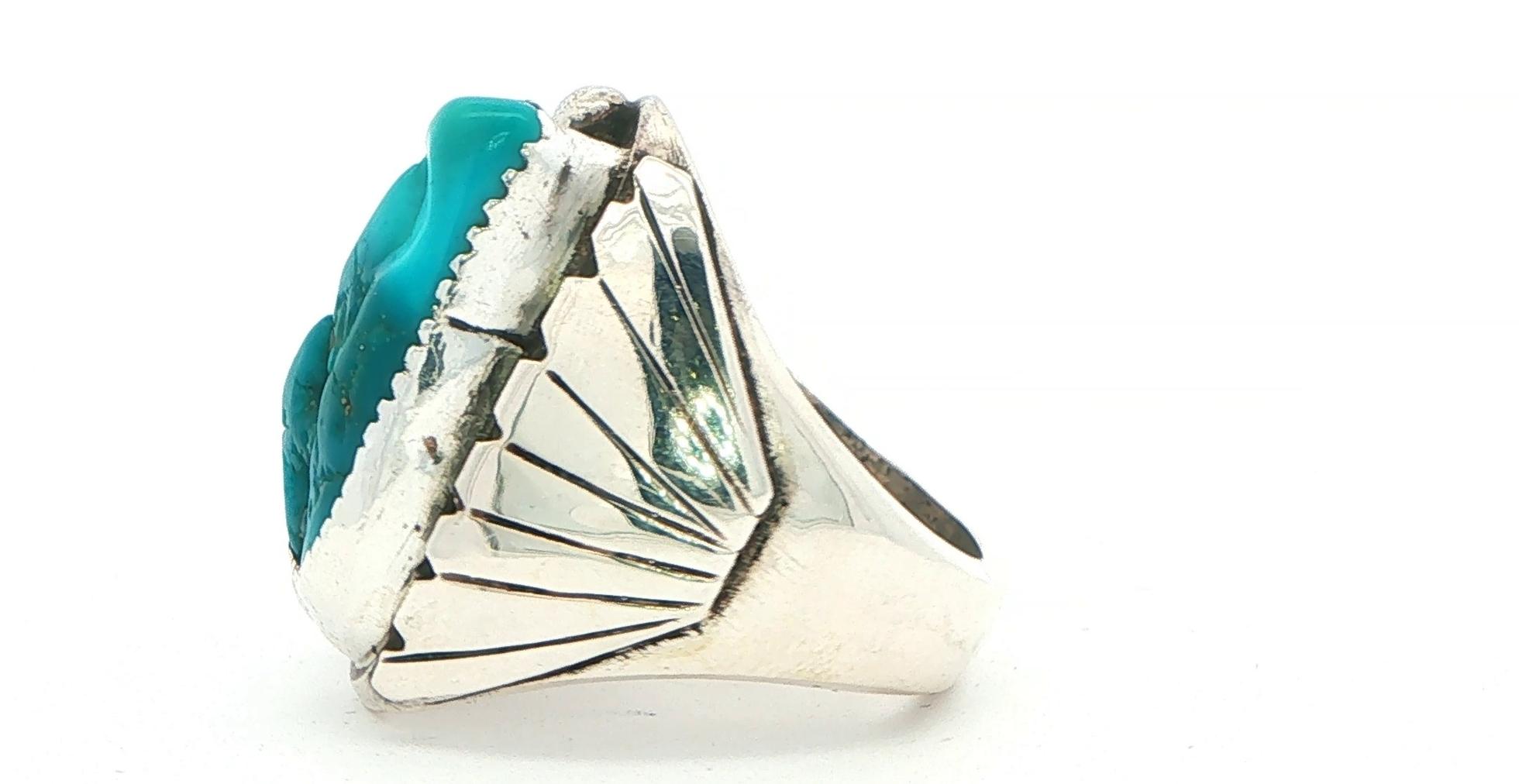 Estate Piece: Turquoise Cocktail Ring with Bead and Fan Details in Sterling Silver side