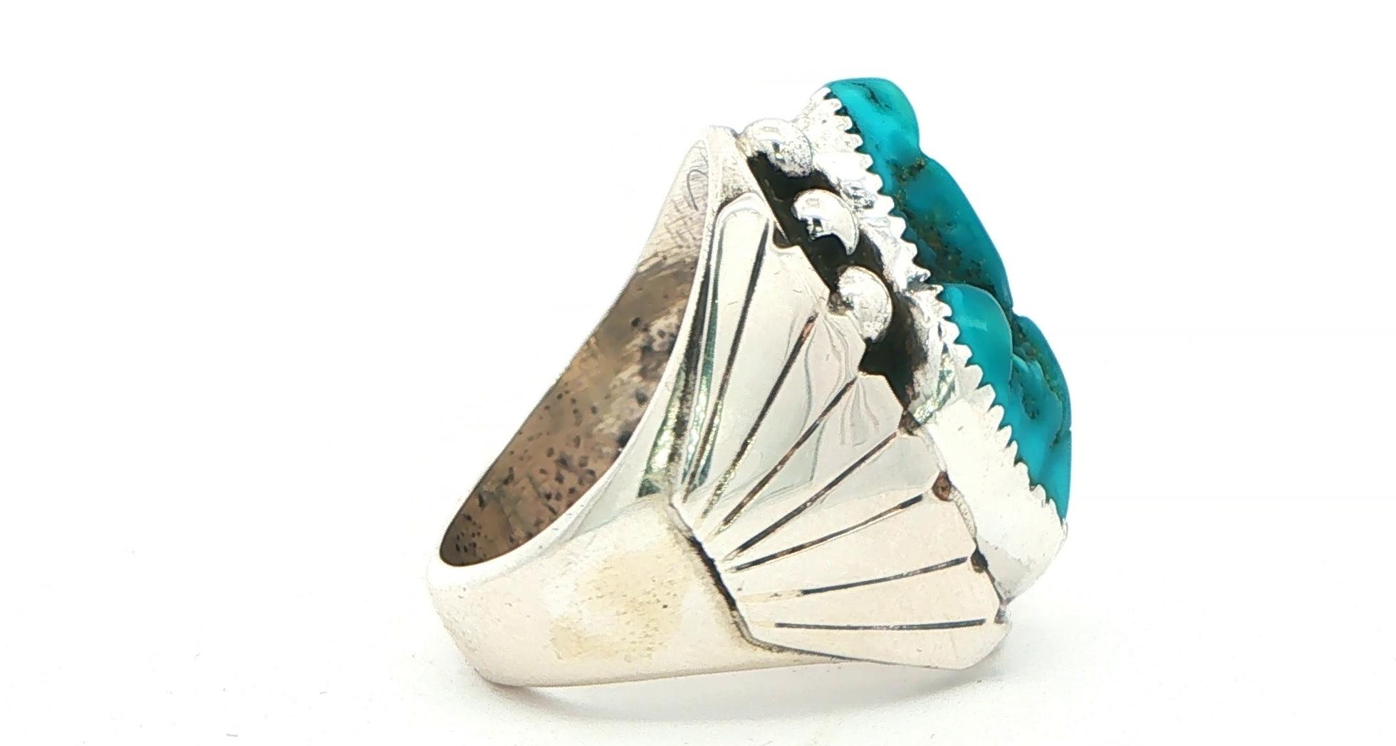 Estate Piece: Turquoise Cocktail Ring with Bead and Fan Details in Sterling Silver side