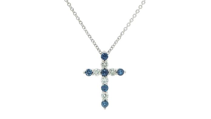 content/products/Alternating Montana Yogo Sapphire and Diamond Cross Necklace in White Gold (0.47cts TWT)