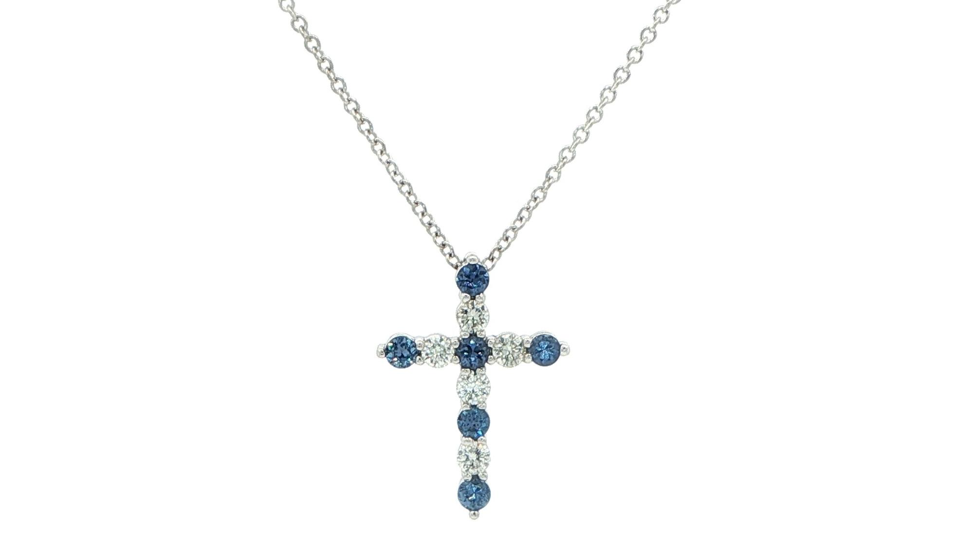 Alternating Montana Yogo Sapphire and Diamond Cross Necklace in White Gold (0.47cts TWT)