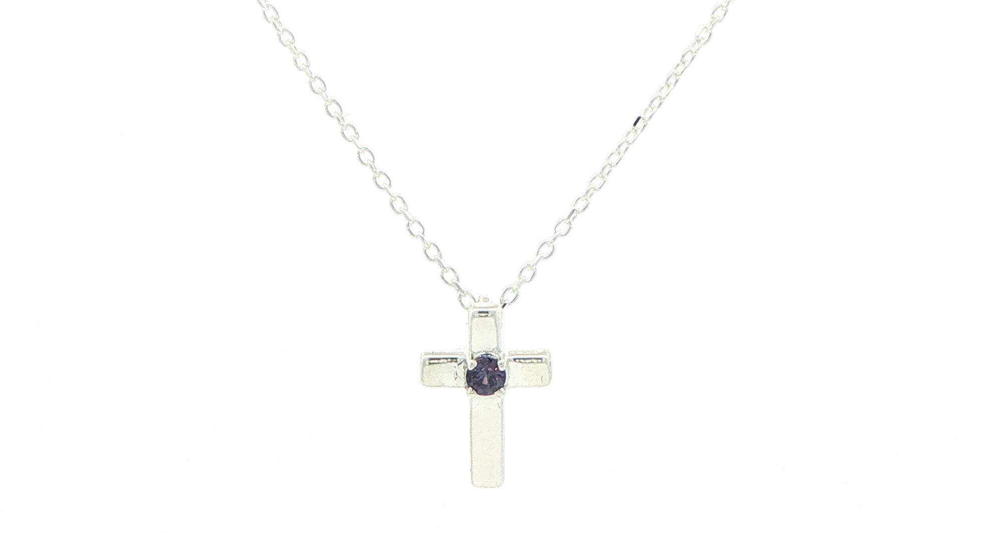 Solitaire Huckleberry Sapphire Cross Pendant Necklace in Sterling Silver (0.06cts)
