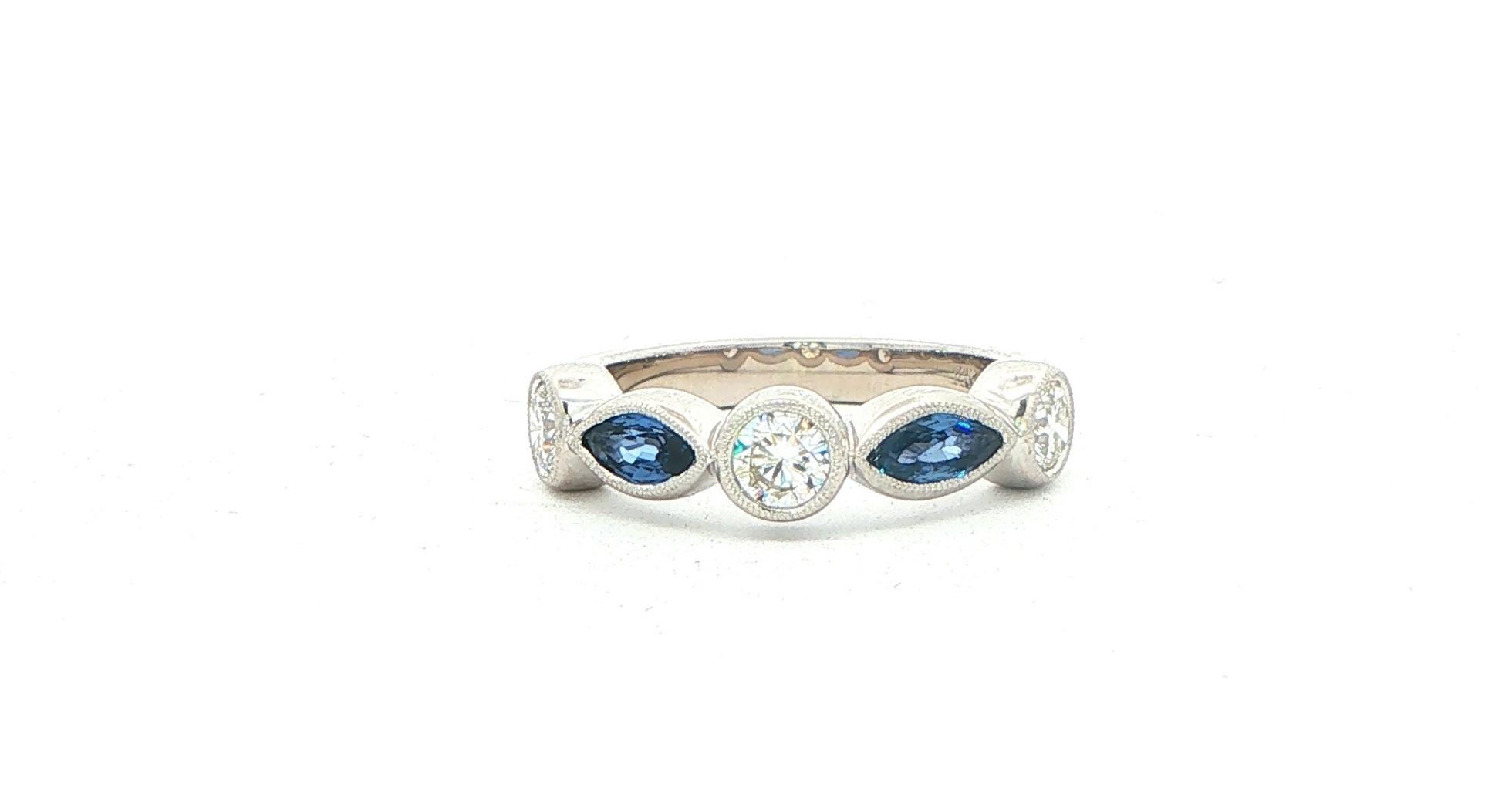Marquise Montana Yogo Sapphires and Round Diamonds Ring with Milgrain Detail in White Gold (1.22cts TWT)