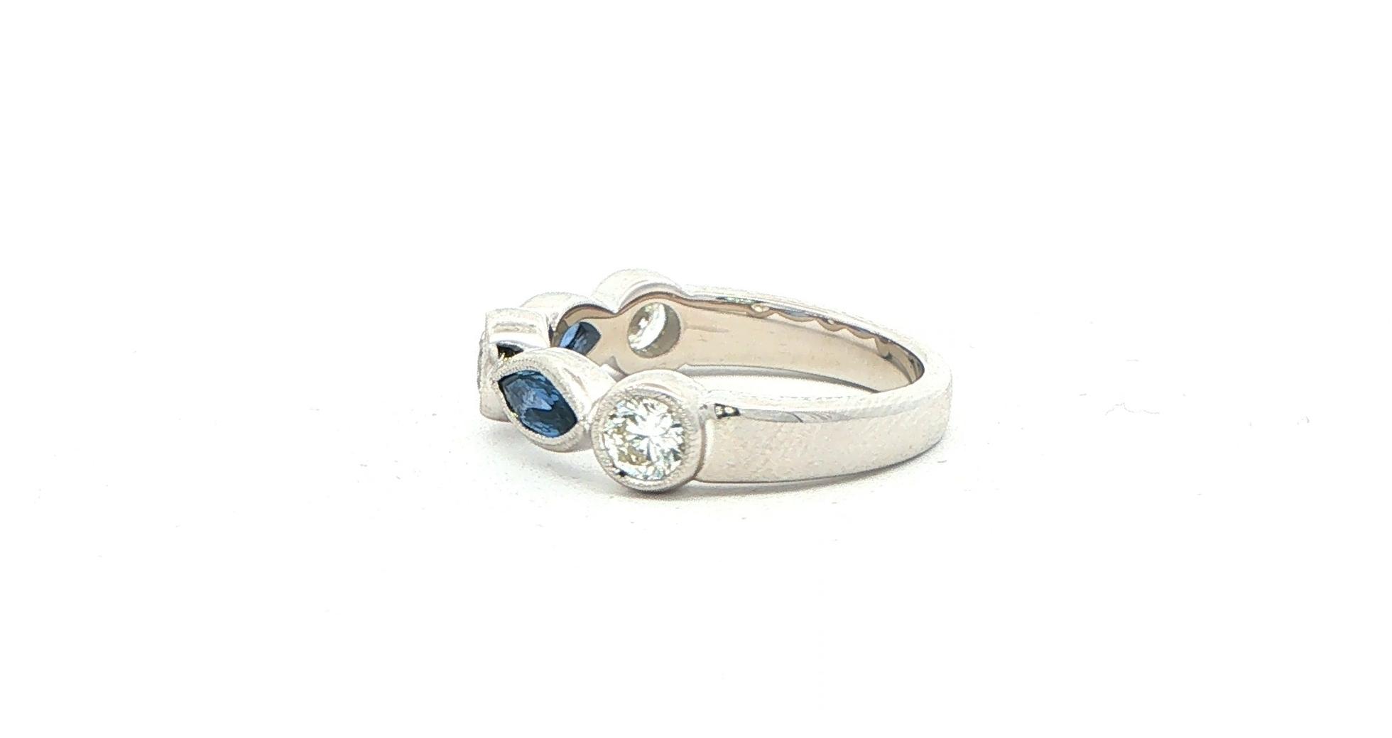 Marquise Montana Yogo Sapphires and Round Diamonds Ring with Milgrain Detail in White Gold (1.22cts TWT) side