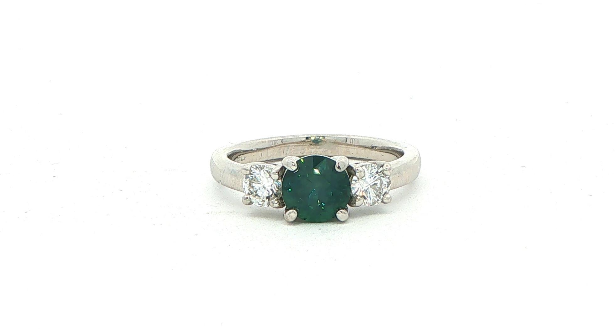 Three-Stone Deep Blue-Green Montana Sapphire and Diamond Ring in Platinum (1.45cts TWT)