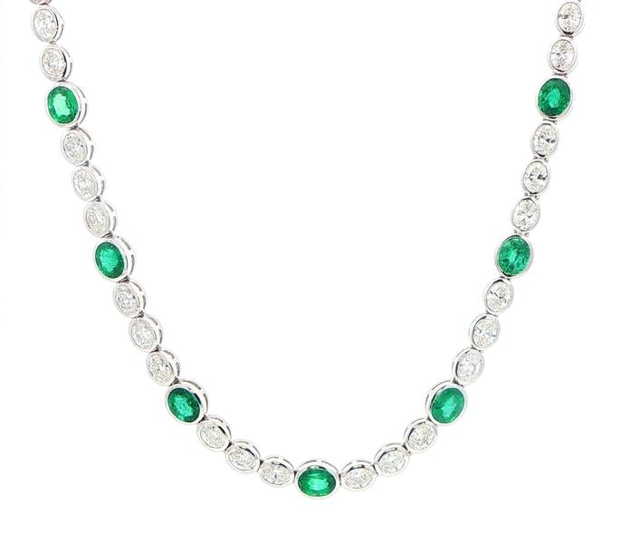 content/products/Bezel-Set Oval Emerald and Diamond Riviera Necklace in White Gold (14.08cts TWT)