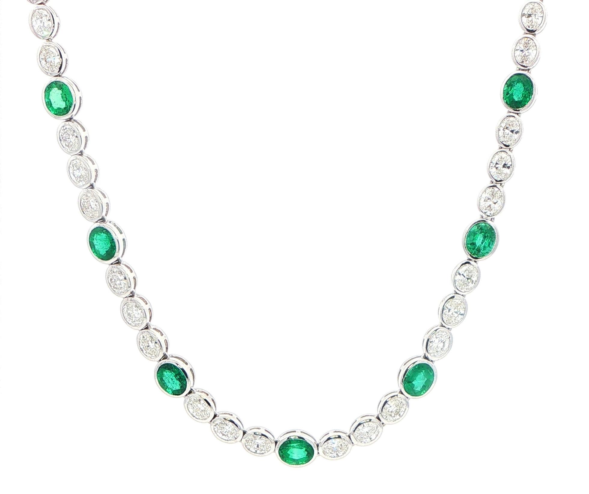 Bezel-Set Oval Emerald and Diamond Riviera Necklace in White Gold (14.08cts TWT)