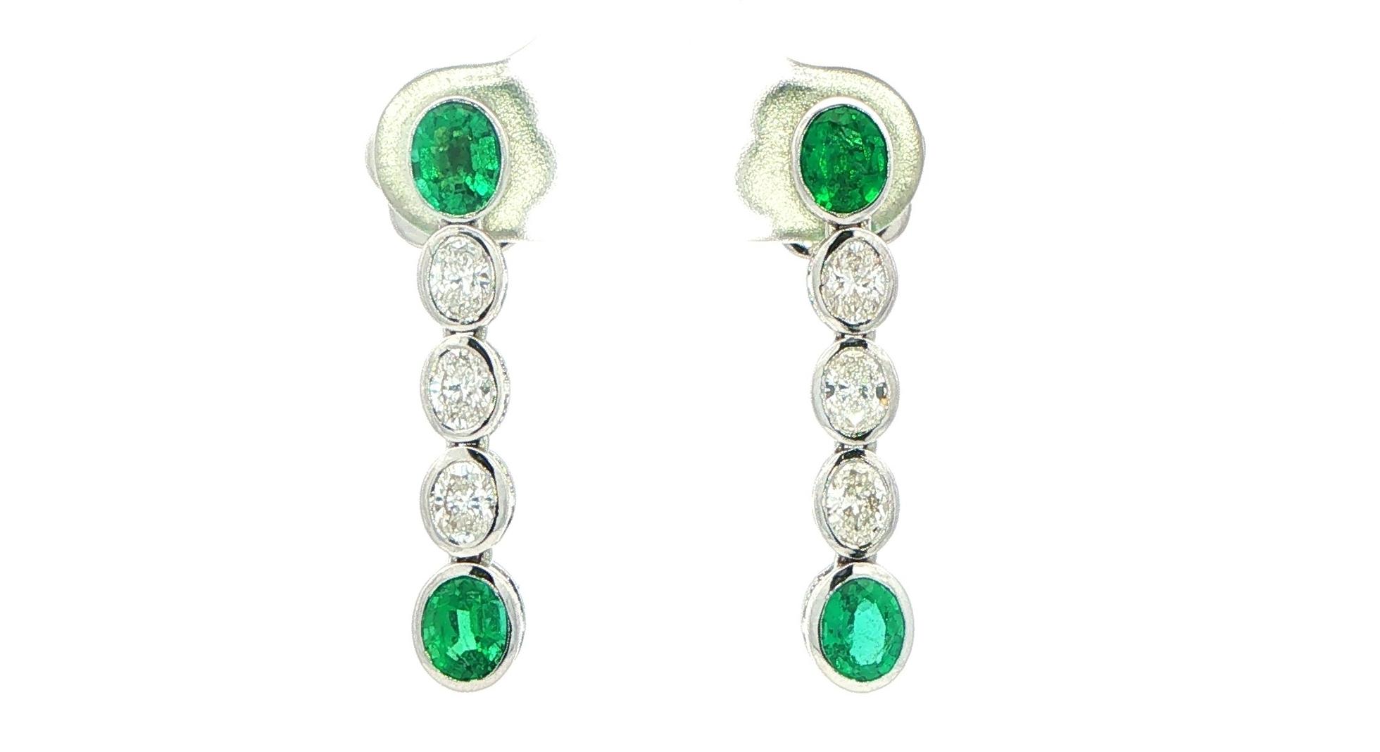 Bezel-Set Oval Emerald and Diamond Linear Drop Earrings in White Gold (1.75cts TWT)