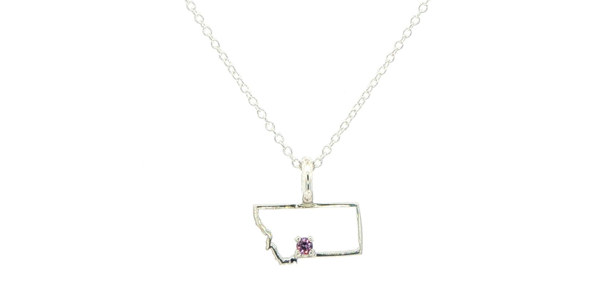 Petite Montana State Charm Necklace with Huckleberry Sapphire in Sterling Silver (0.02cts)