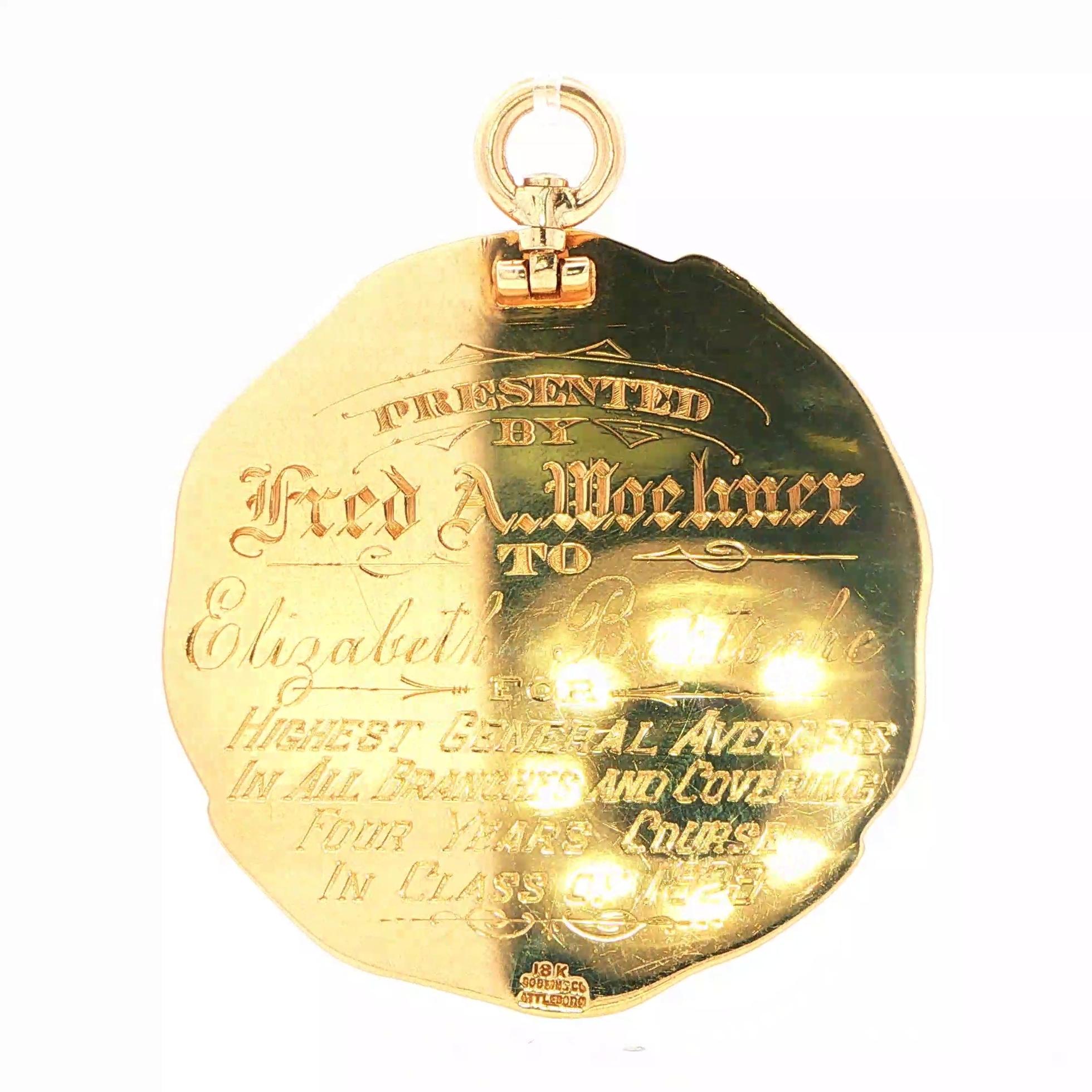 Estate Piece: Scholarship Medal from Great Falls High in1929 in Yellow Gold back
