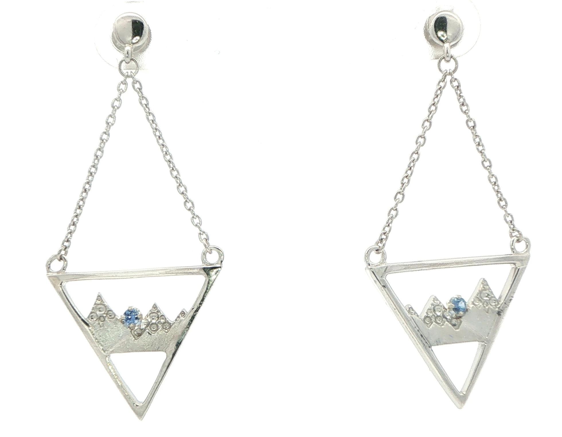 Mountain Motif Triangular Dangle Earrings with Montana Yogo Sapphire in Sterling Silver  (0.06cts TWT)