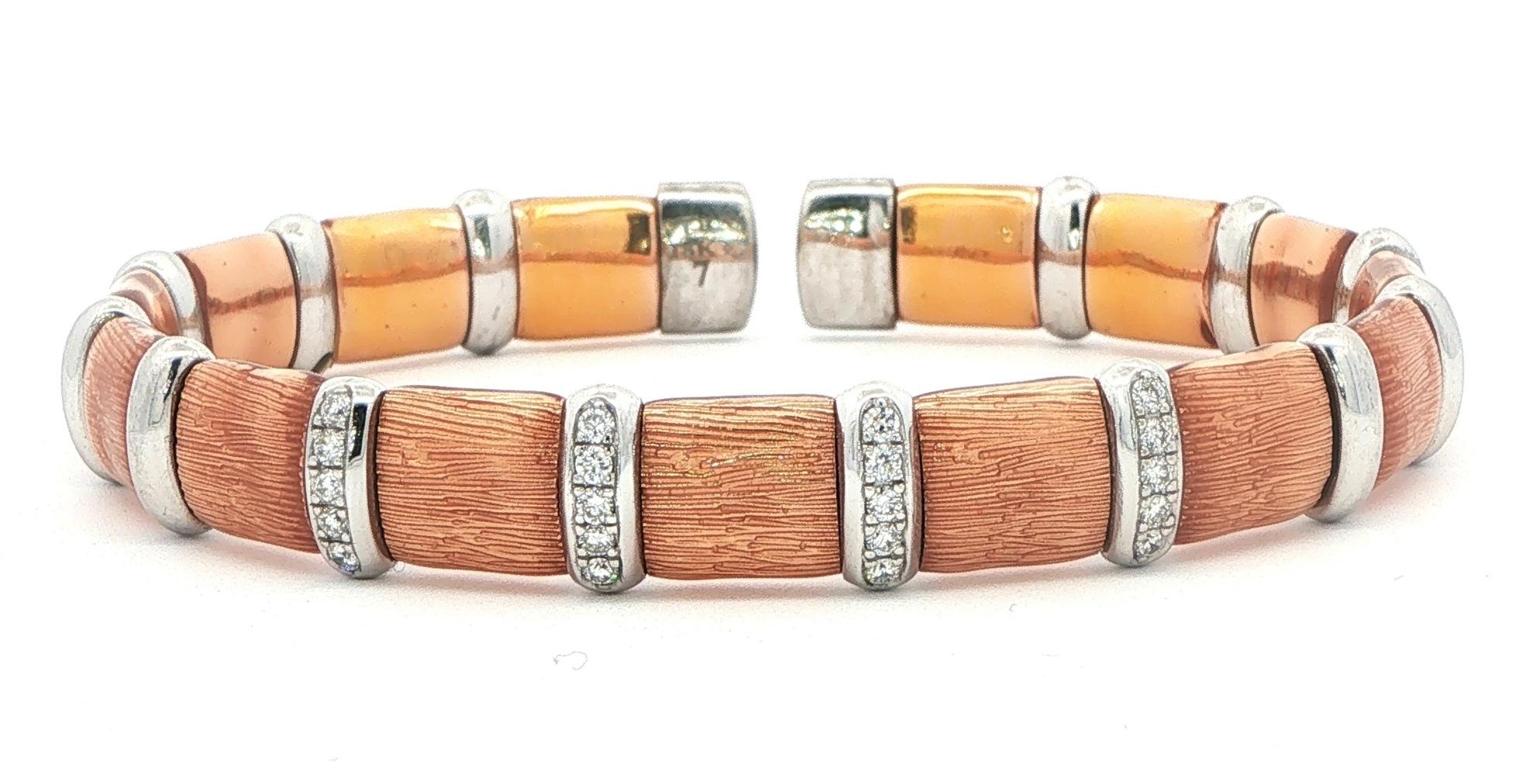 Eztate Piece: Bamboo Diamond Flexible Cuff Bracelet in Textured Rose and White Gold (0.30cts TWT)