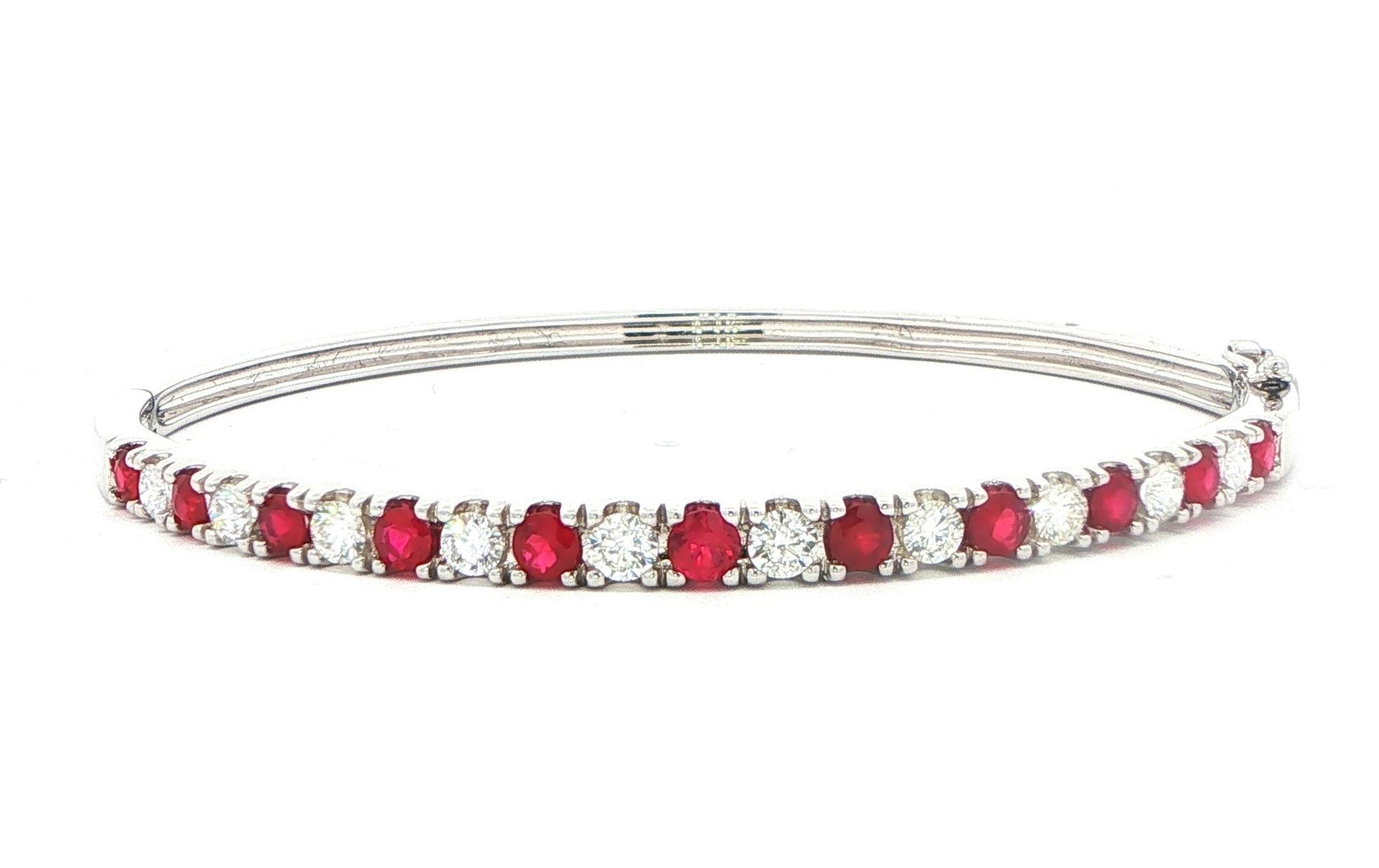 Alternating Ruby and Diamond Hinged Bangle Bracelet in White Gold (2.72cts TWT)