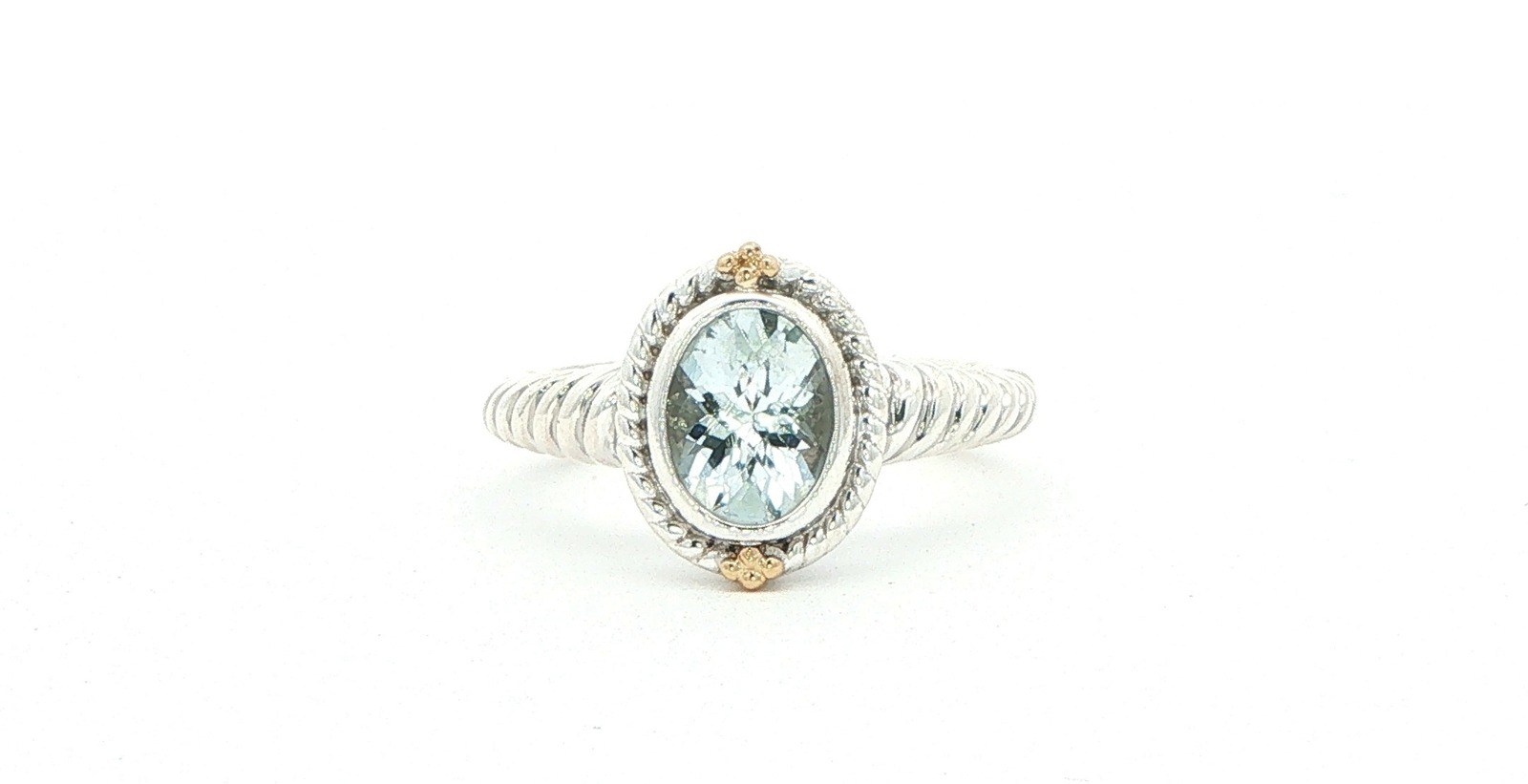 Estate Piece: Oval Aquamarine Cable Band Solitaire Ring in Sterling Silver with Yellow Gold Accent