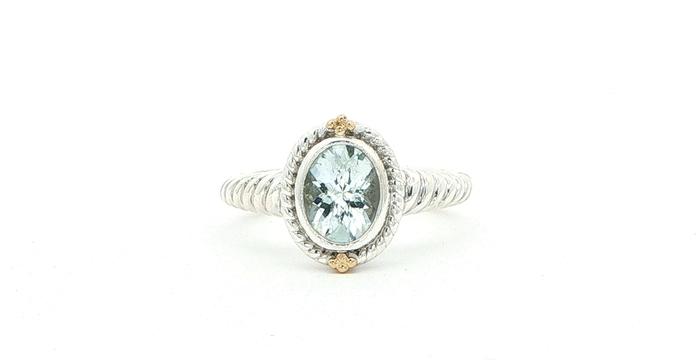 content/products/Estate Piece: Oval Aquamarine Cable Band Solitaire Ring in Sterling Silver with Yellow Gold Accent 