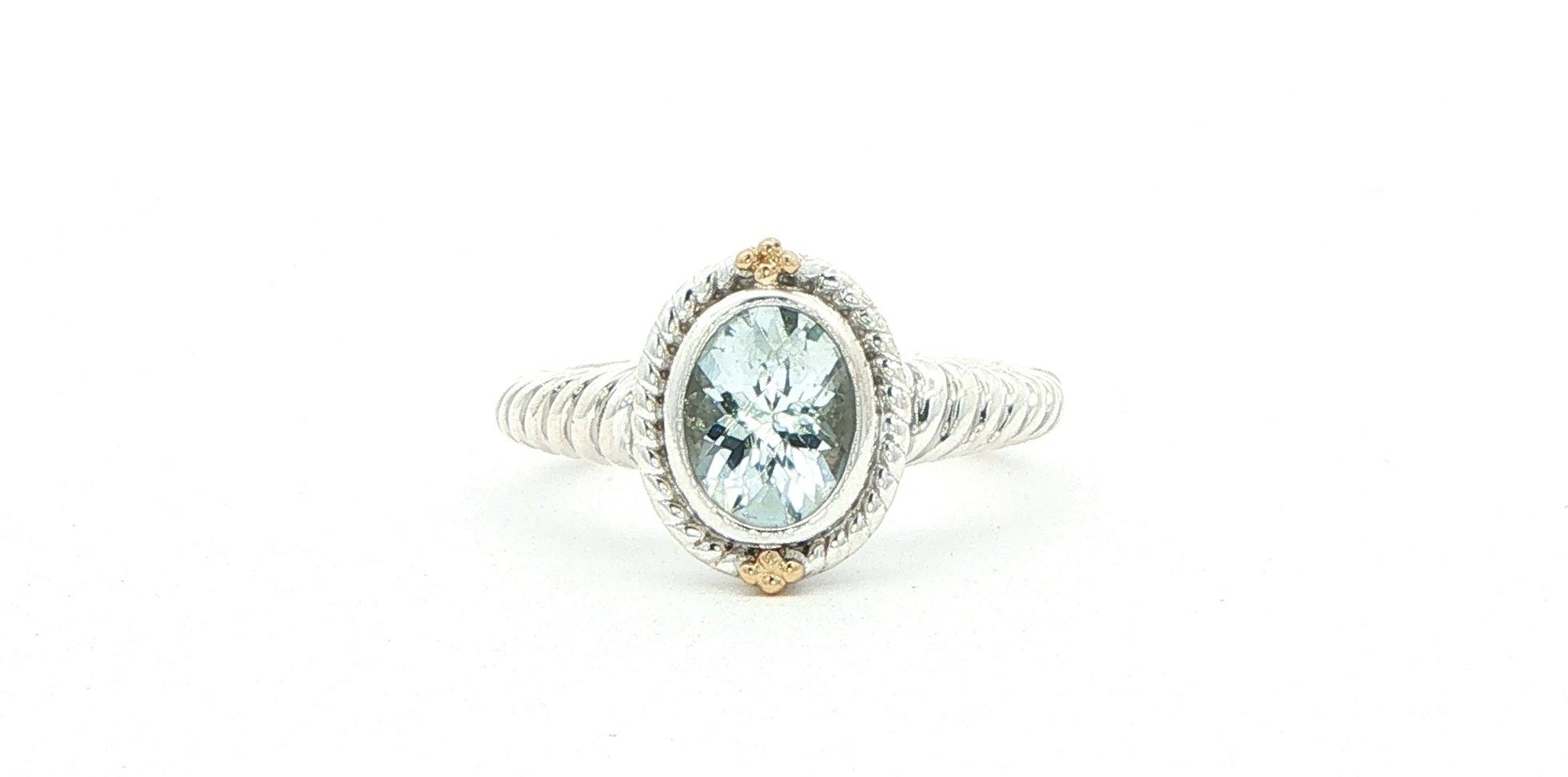 Estate Piece: Oval Aquamarine Cable Band Solitaire Ring in Sterling Silver with Yellow Gold Accent 