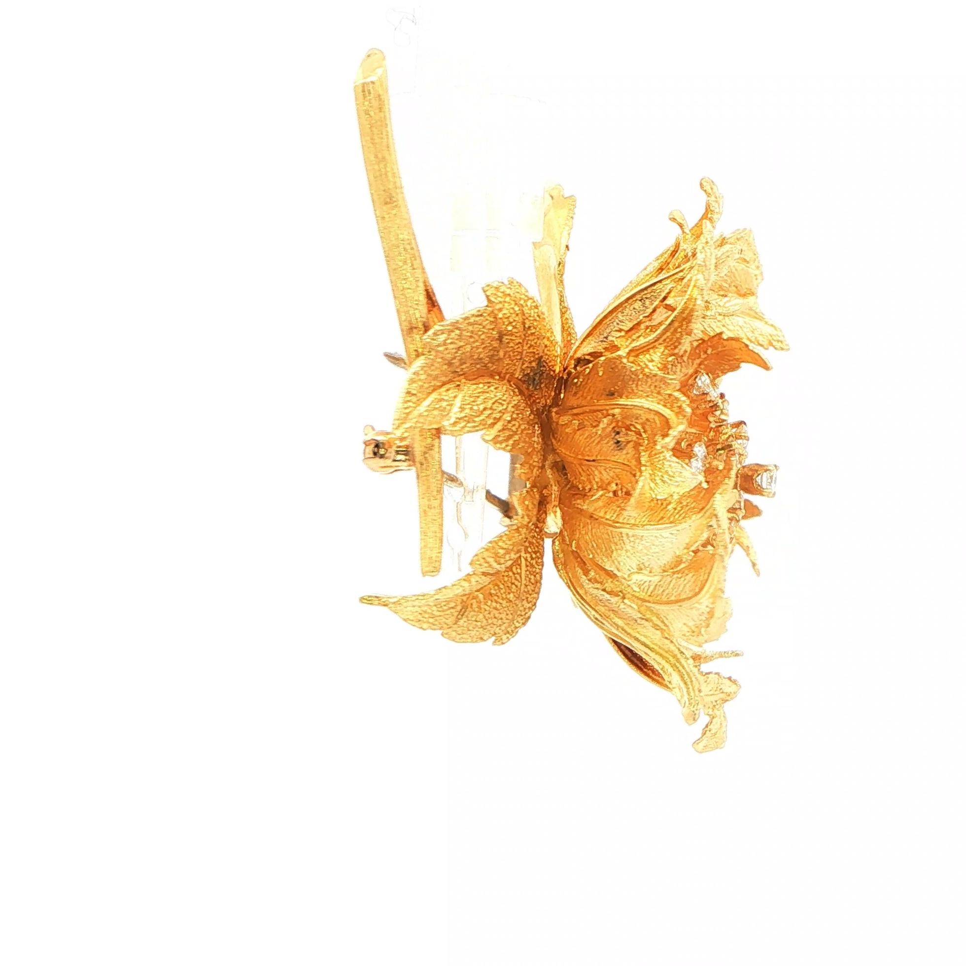 Estate Piece: Hammerman Brothers Diamond Rose Pin with Moveable Components in Yellow Gold (0.30cts TWT) side