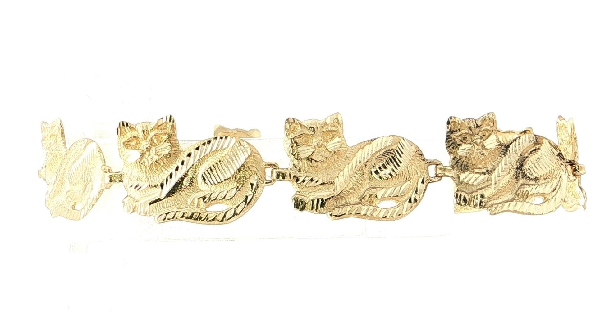 Estate Piece: Cat Motif Link Bracelet in Textured Yellow Gold 