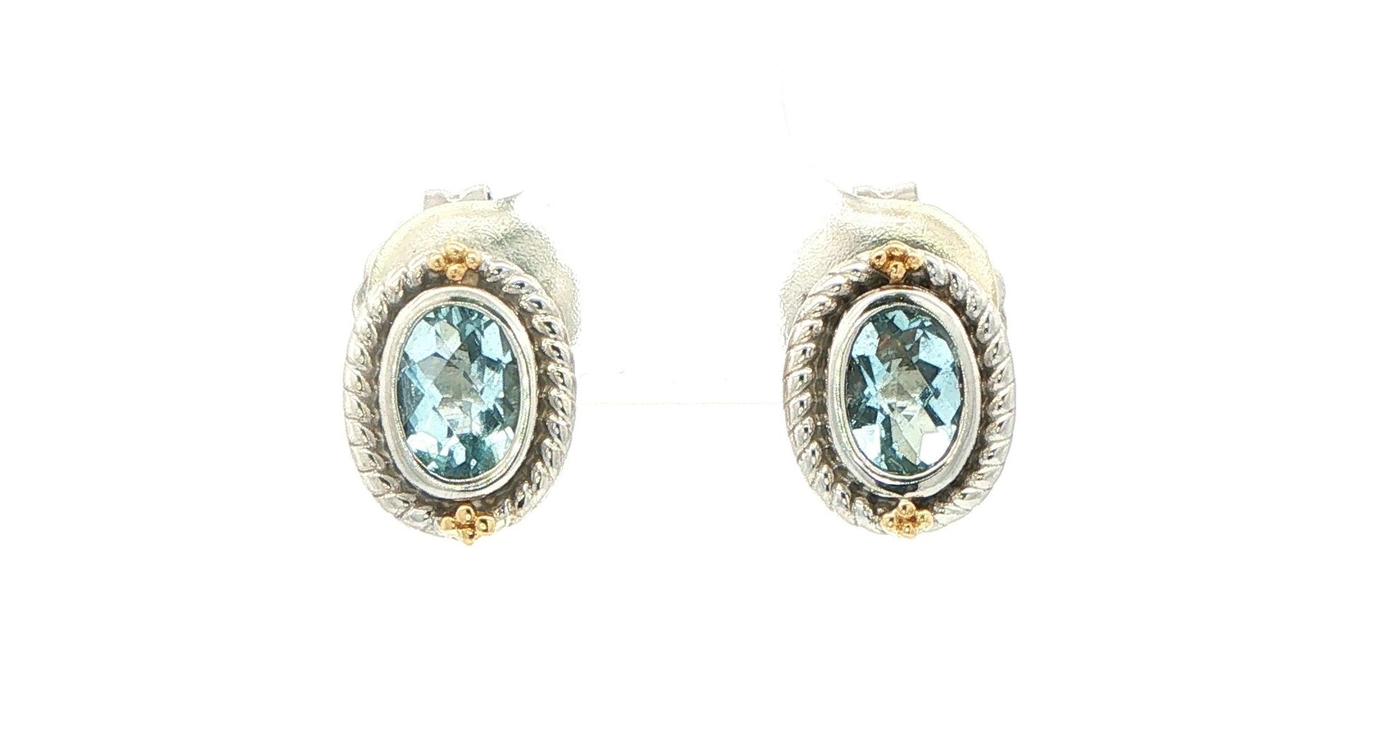 Estate Piece: Oval Quartz Cable Solitaire Earring in Sterling Silver with Yellow Gold Accent 