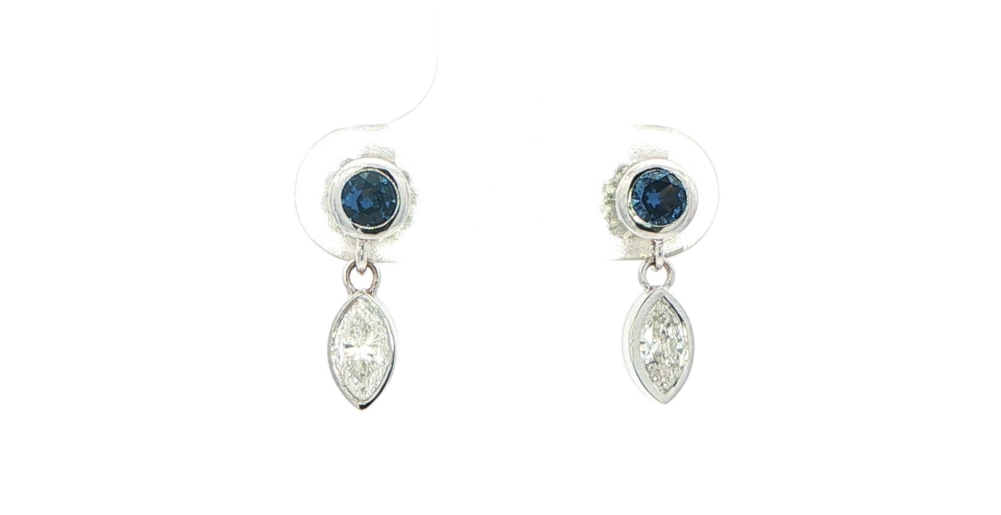 Bezel-set Round Montana Yogo Sapphire and Marquise Diamond Drop Earrings in White Gold (0.72cts TWT)