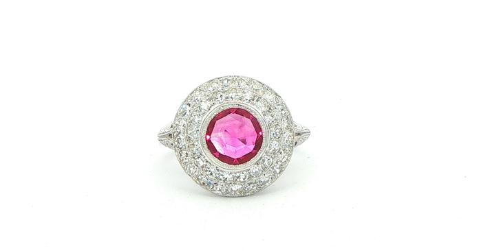 content/products/Estate Piece: Pink Sapphire Double Halo Cocktail Ring with Filigree Details in Platinum (2.00cts TWT)