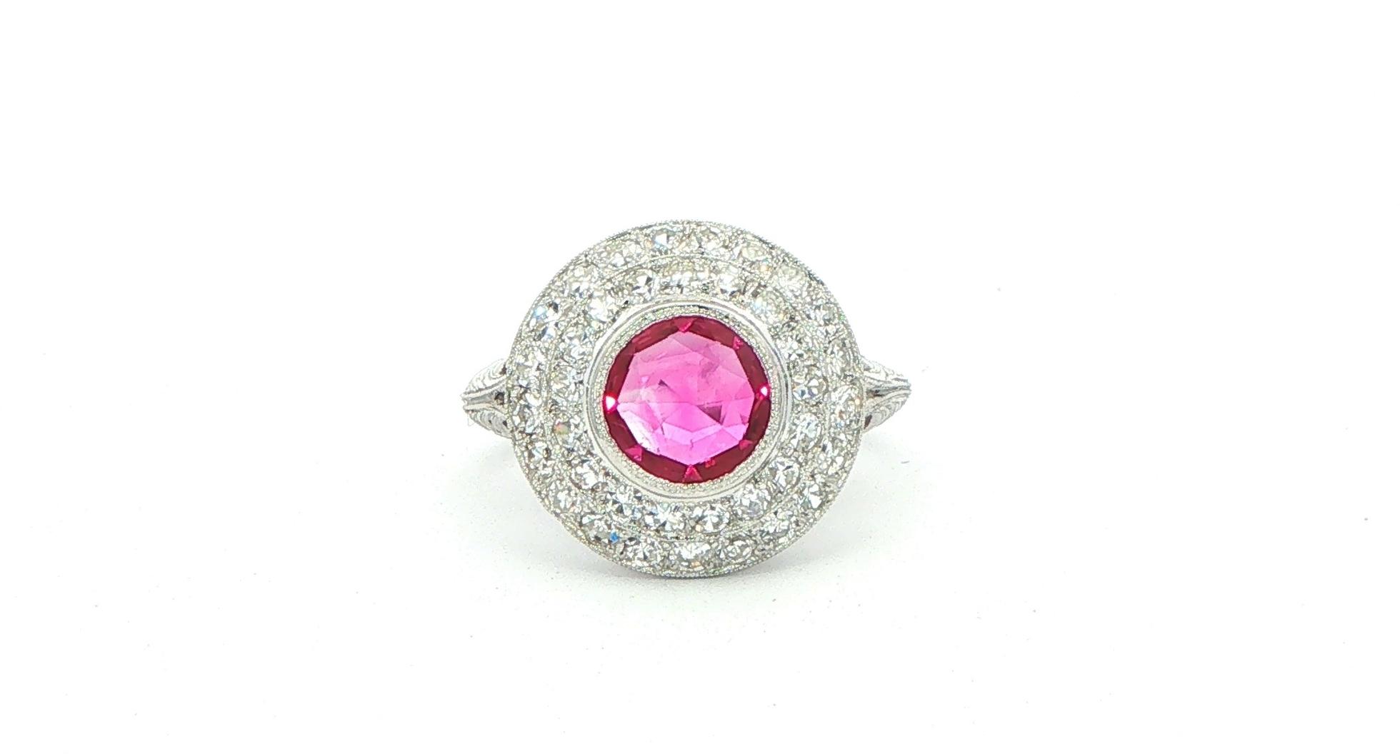 Estate Piece: Pink Sapphire Double Halo Cocktail Ring with Filigree Details in Platinum (2.00cts TWT)