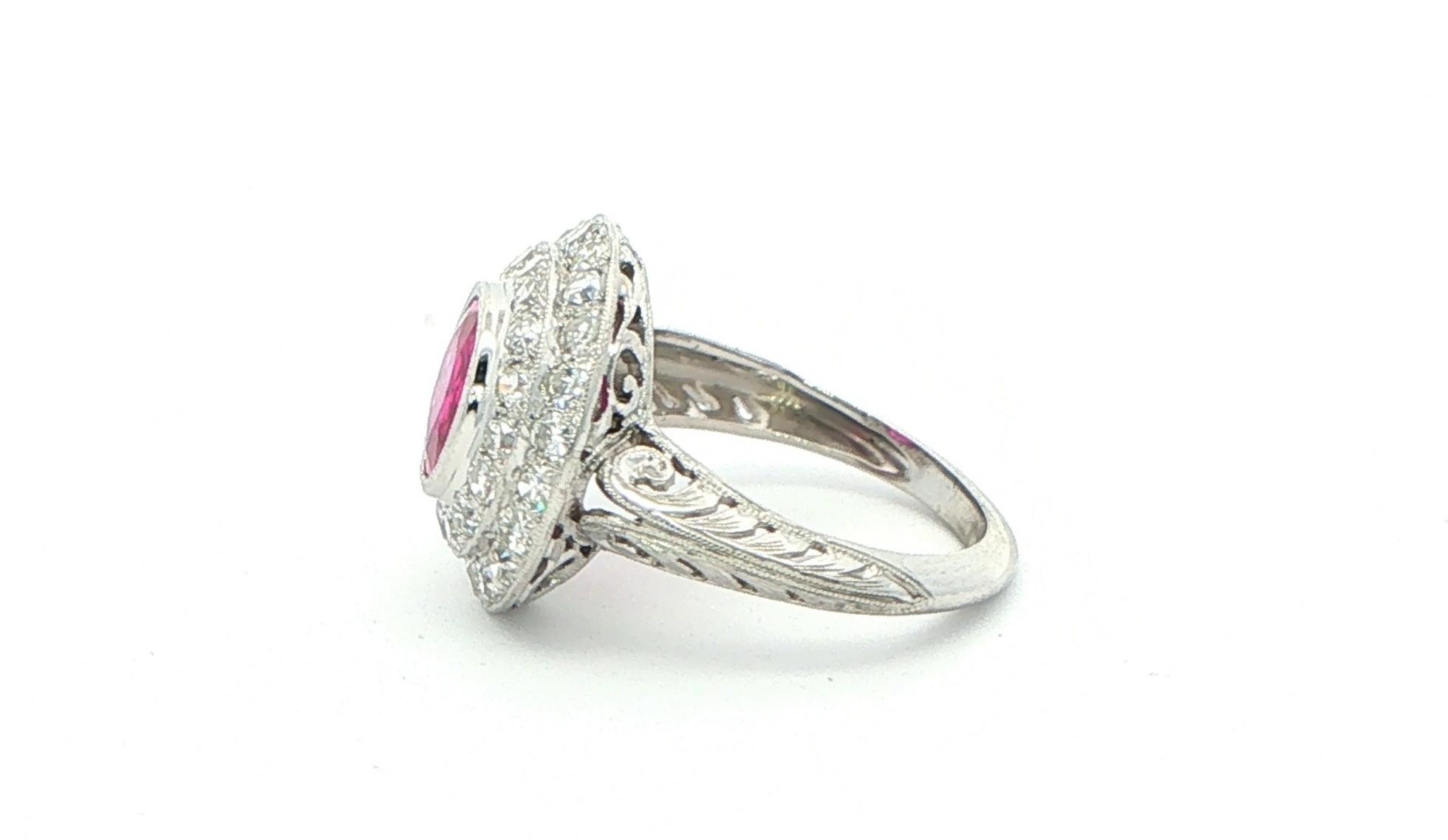 Estate Piece: Pink Sapphire Double Halo Cocktail Ring with Filigree Details in Platinum (2.00cts TWT) side
