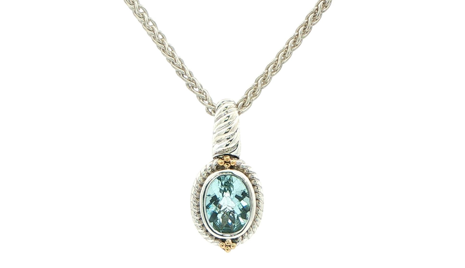 Estate Piece: Oval Quartz Cable Pendant Necklace in Sterling Silver with Yellow Gold Accents 