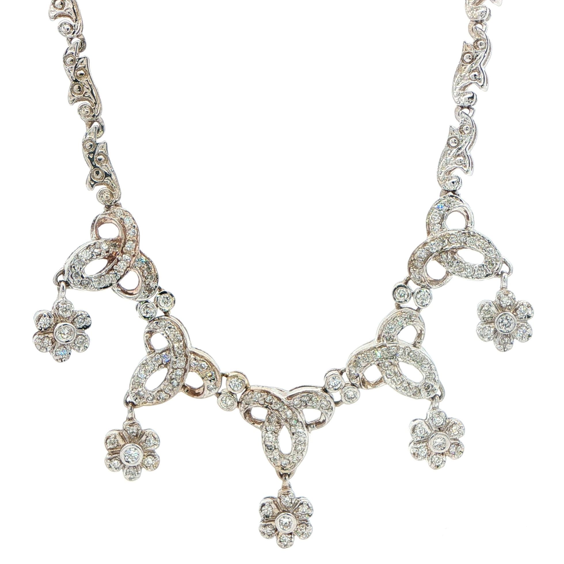Estate Piece: Vintage Diamond Floral Drop Collar Necklace in White Gold (2.00cts TWT)
