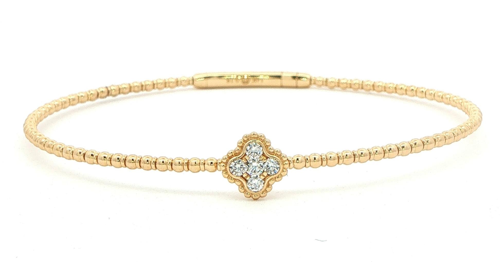 Diamond Clover Motif Beaded Flexi Bangle Bracelet in Yellow Gold (0.18cts TWT)