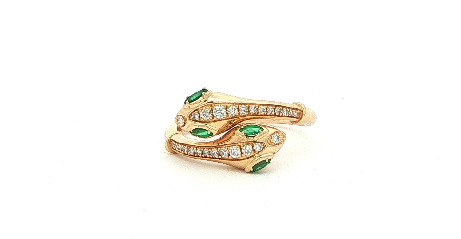 Diamond Bypass Serpent Cocktail Ring with Emerald Eyes Yellow Gold (0.31cts TWT)