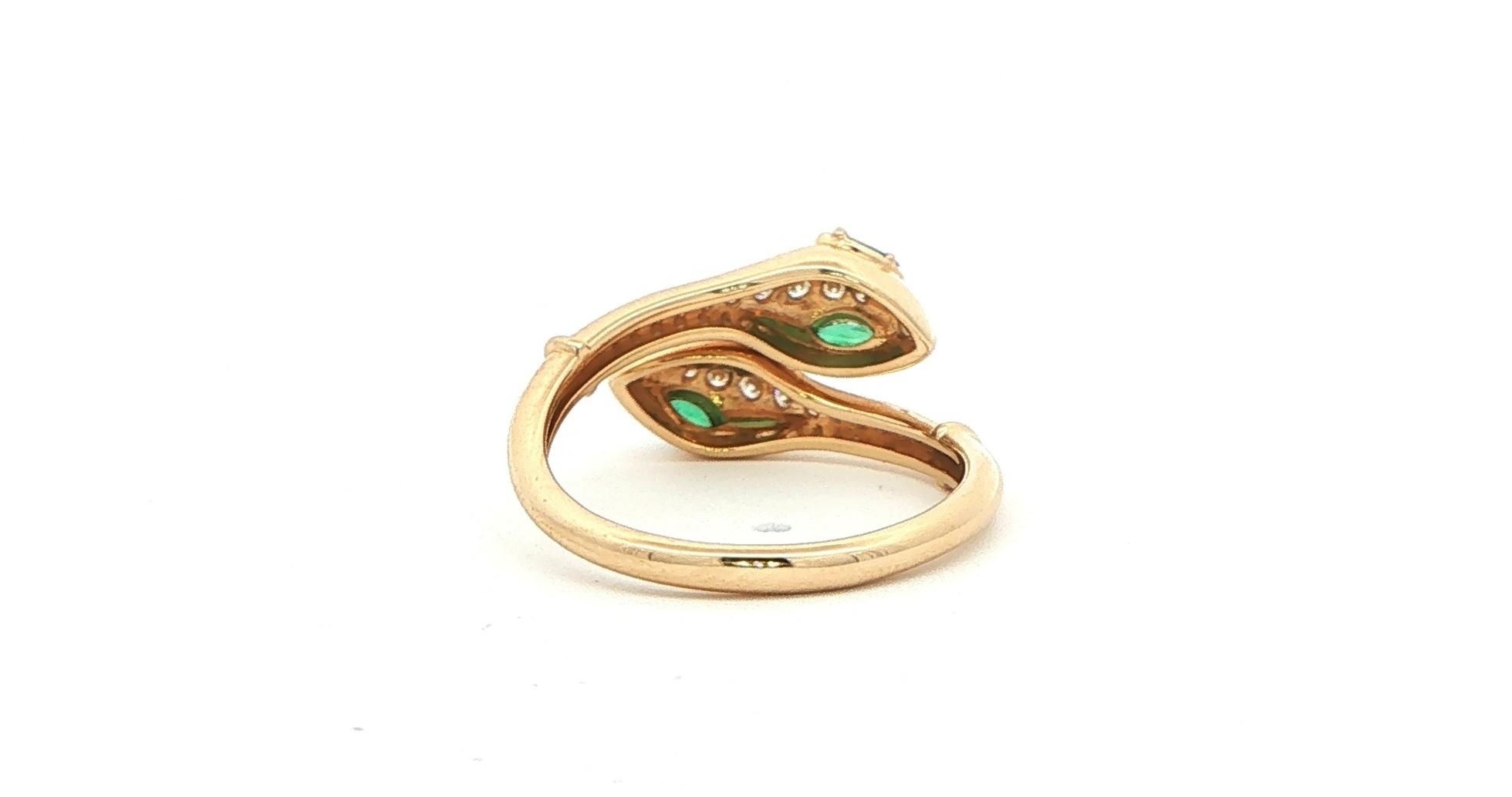 Diamond Bypass Serpent Cocktail Ring with Emerald Eyes Yellow Gold (0.31cts TWT) back