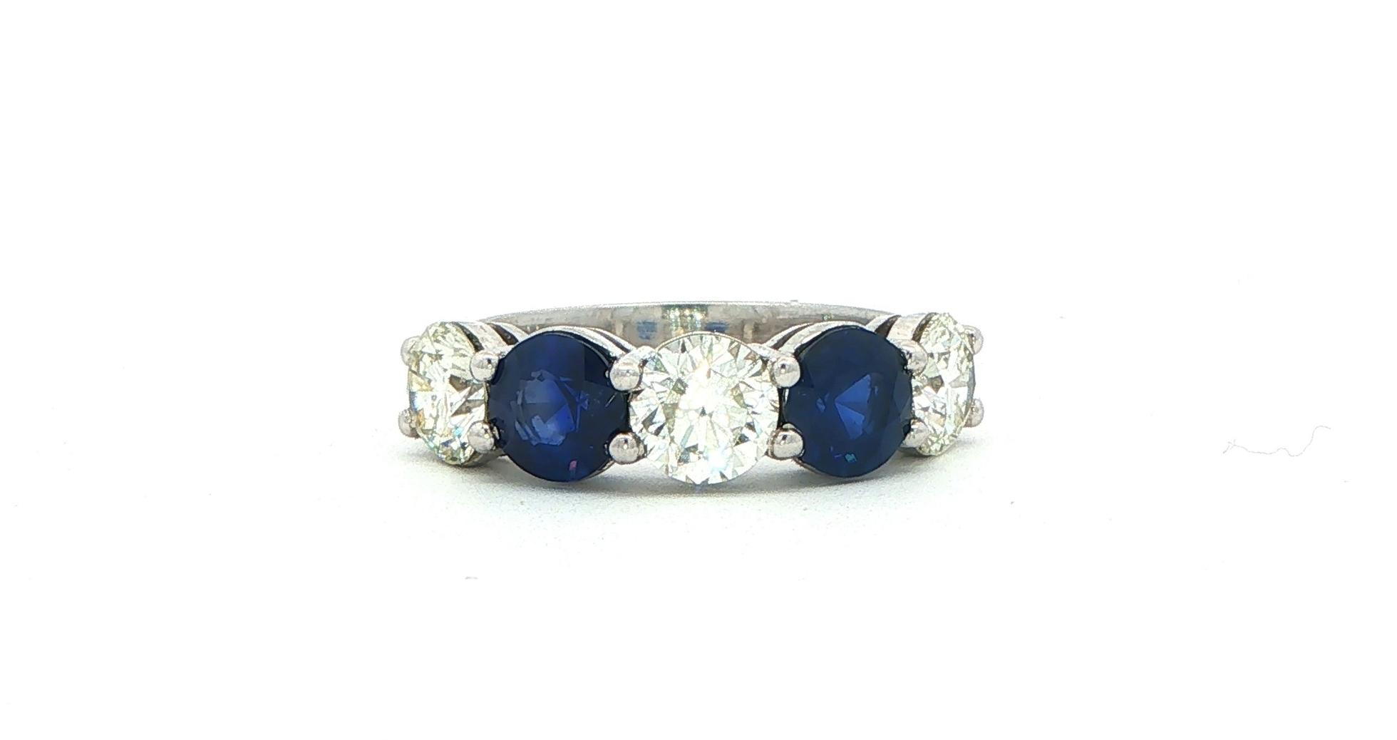 5-Stone Royal Blue Sapphire and Diamond Ring in Platinum (3.30cts TWT)