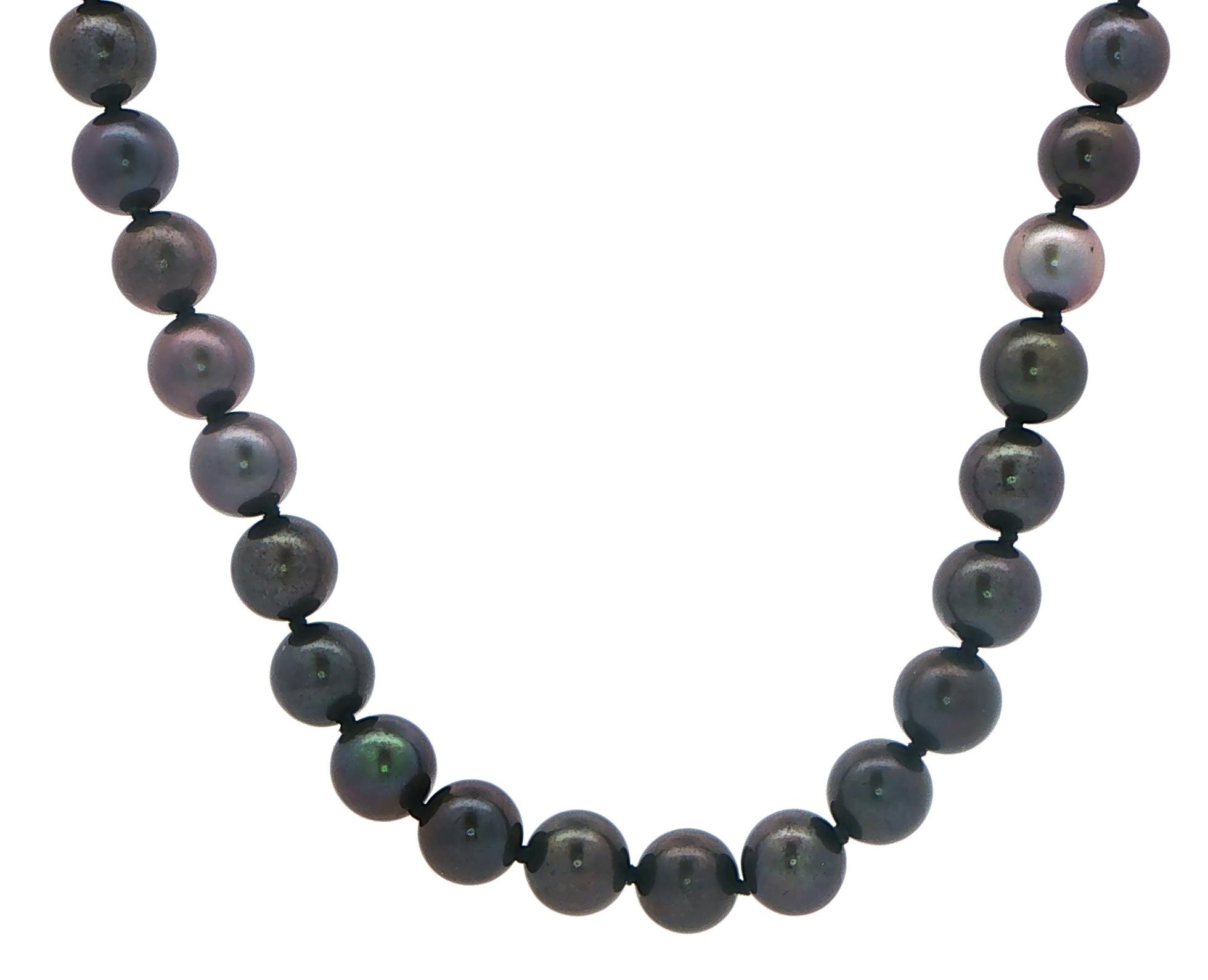 Estate Piece: Dyed Dark Pearl Strand Necklace with White Gold Clasp