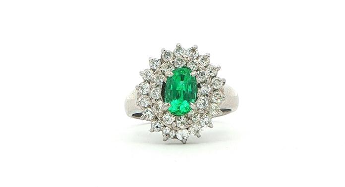 content/products/Estate Piece: Oval Emerald Double Diamond Halo Cocktail Ring in Platinum (2.00cts TWT)