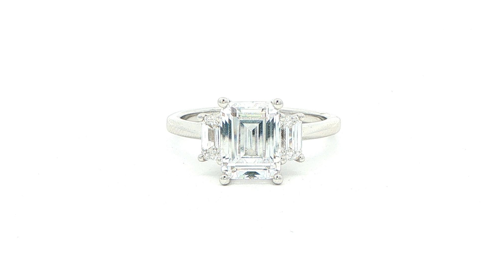 3-Stone Emerald-cut Cubic Zironium and Diamonds Ring in White Gold (2.60cts TWT)