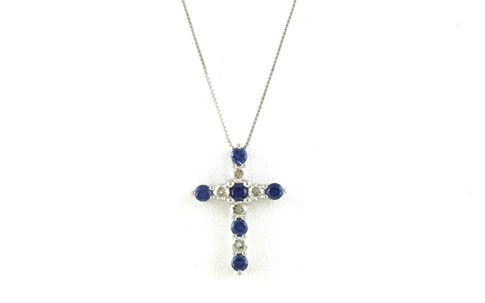 Alternating Montana Yogo Sapphire and Diamond Cross Necklace in White Gold (1.125cts TWT)