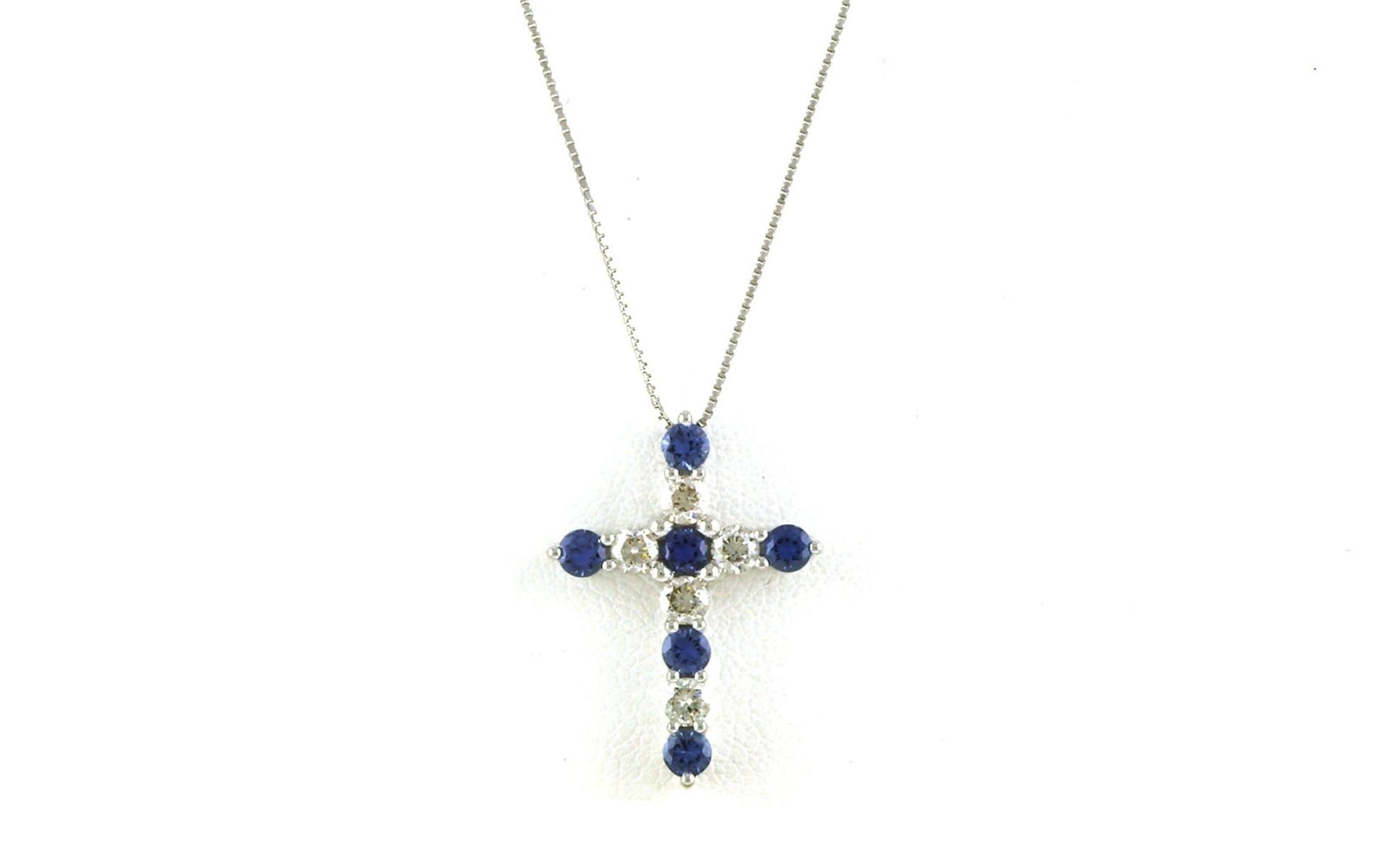 Alternating Montana Yogo Sapphire and Diamond Cross Necklace in White Gold (1.125cts TWT)