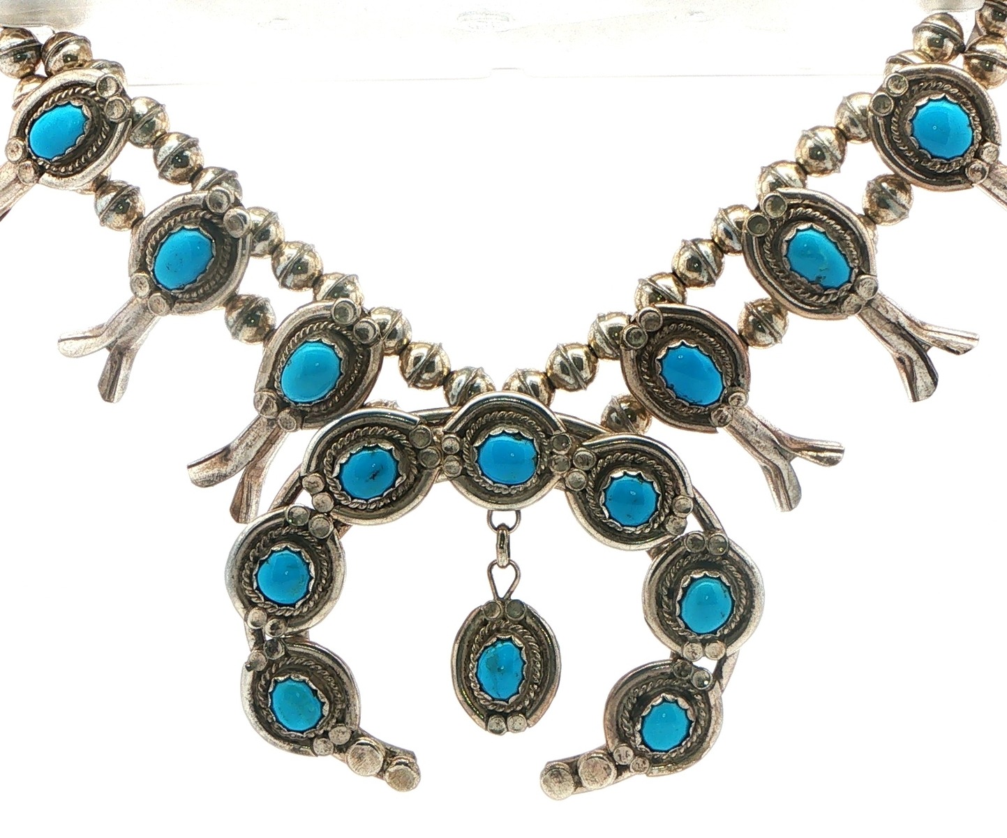 Estate Piece: Beaded Squash Blossom Necklace with Turquoise Cabochons in Sterling Silver