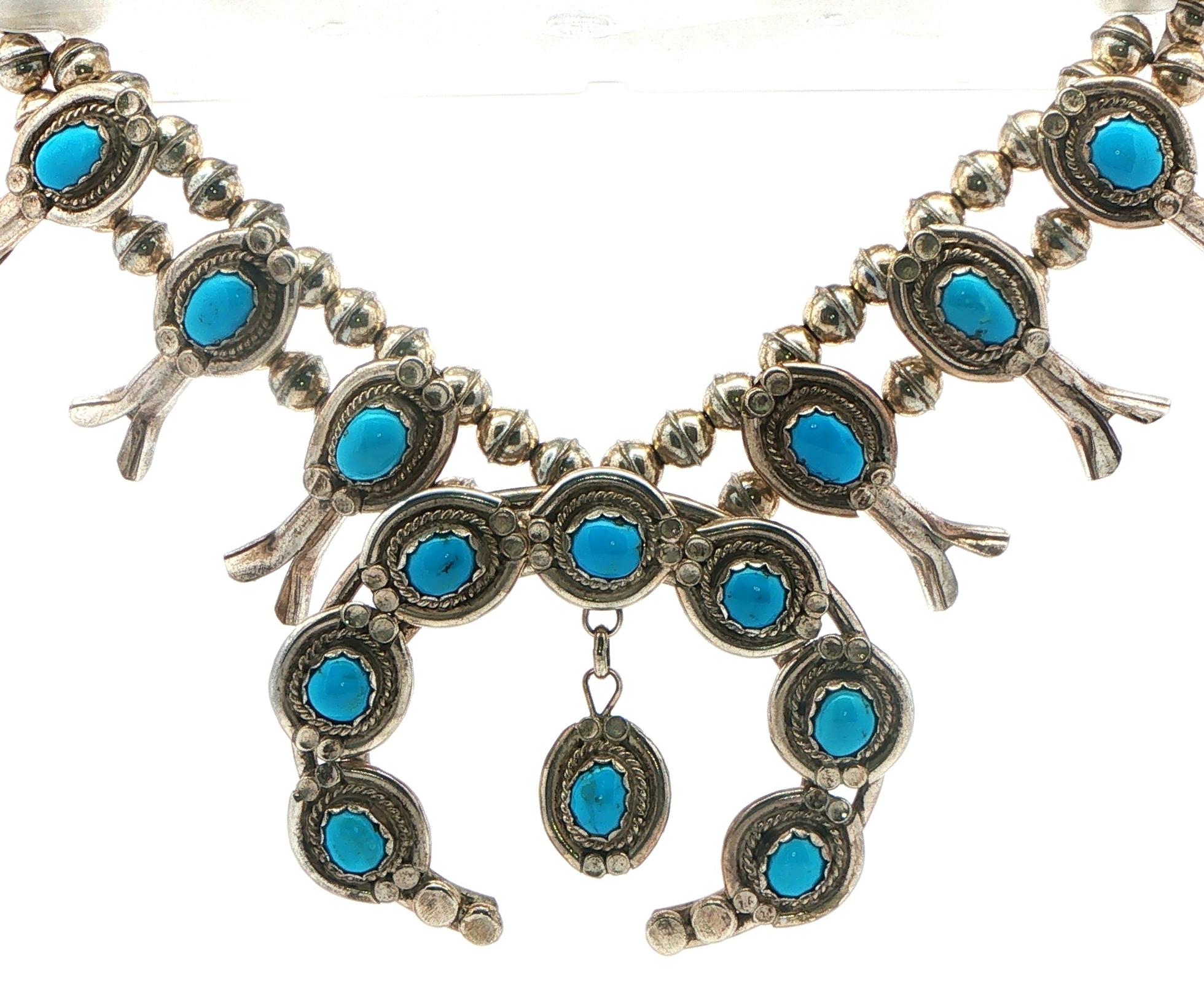 Estate Piece: Beaded Squash Blossom Necklace with Turquoise Cabochons in Sterling Silver