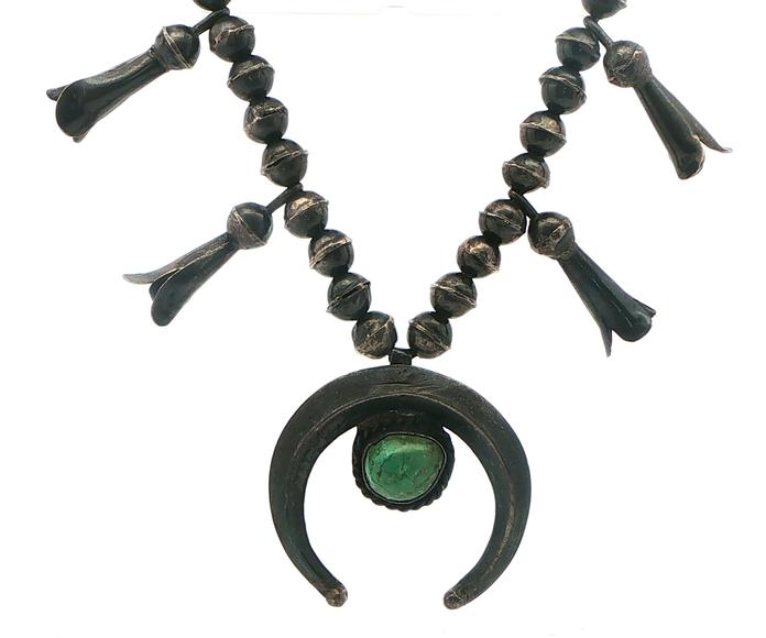 content/products/Estate Piece: Beaded Necklace with Turquoise Naja Pendant in Oxidized Sterling Silver